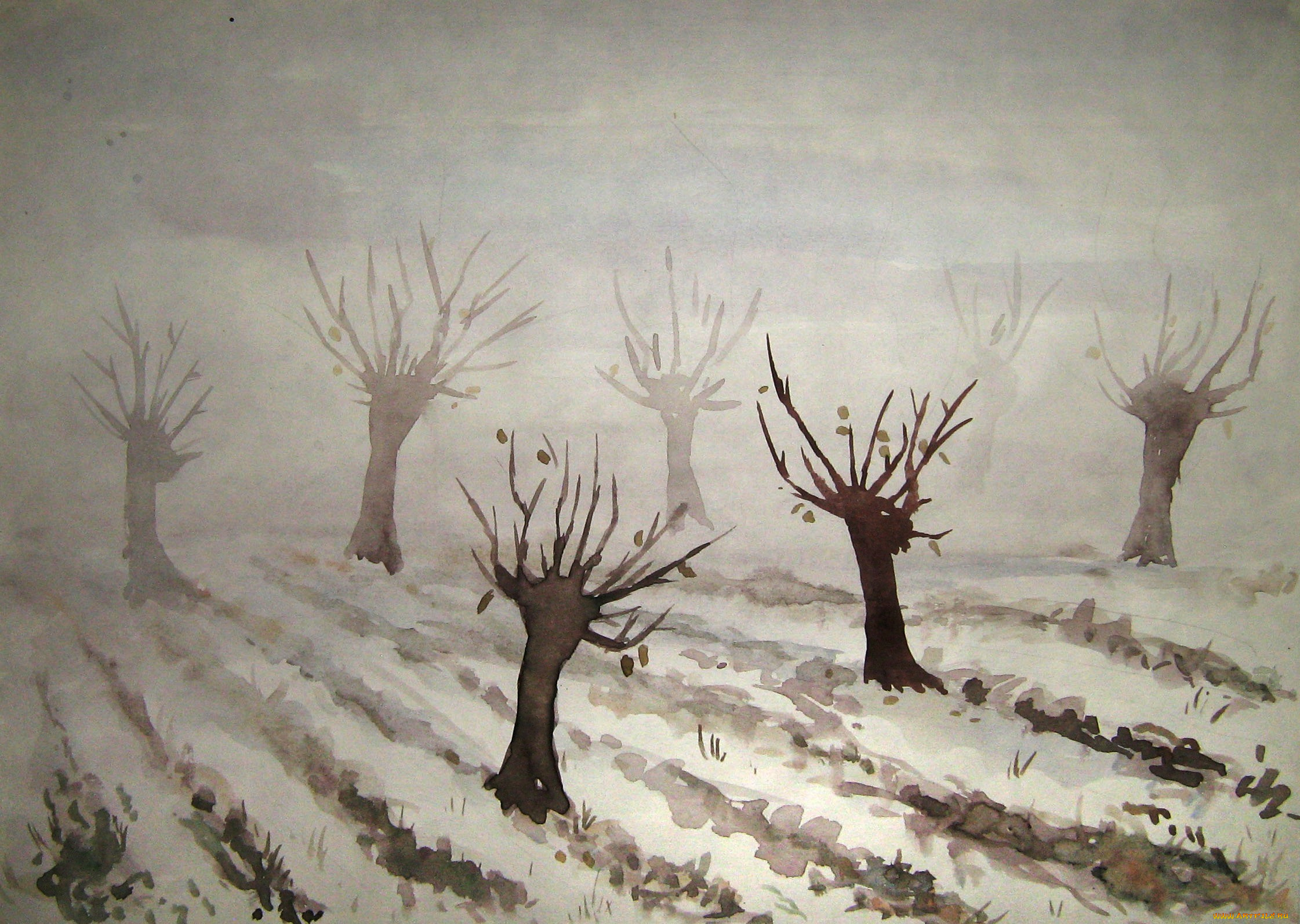 рисованное, живопись, туман, сад, деревья