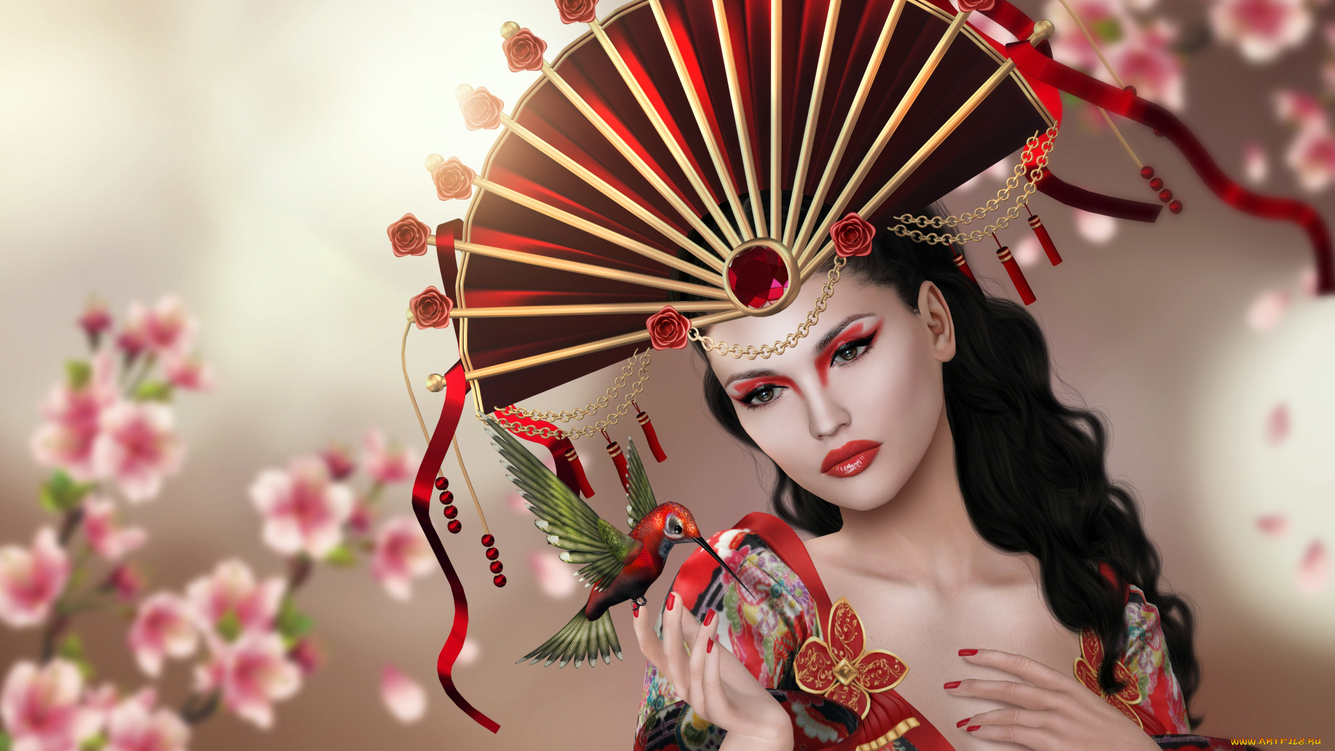 3д, графика, портрет, , portraits, цветы, девушка, колибри