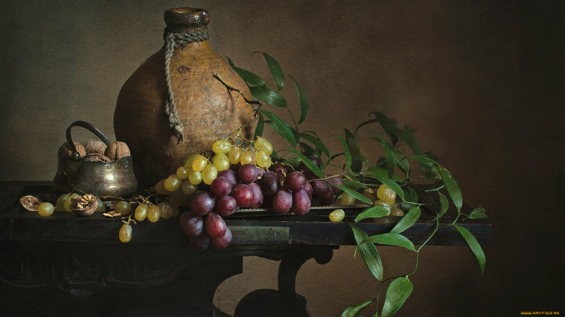 еда, натюрморт, ваза, виноград, ягода