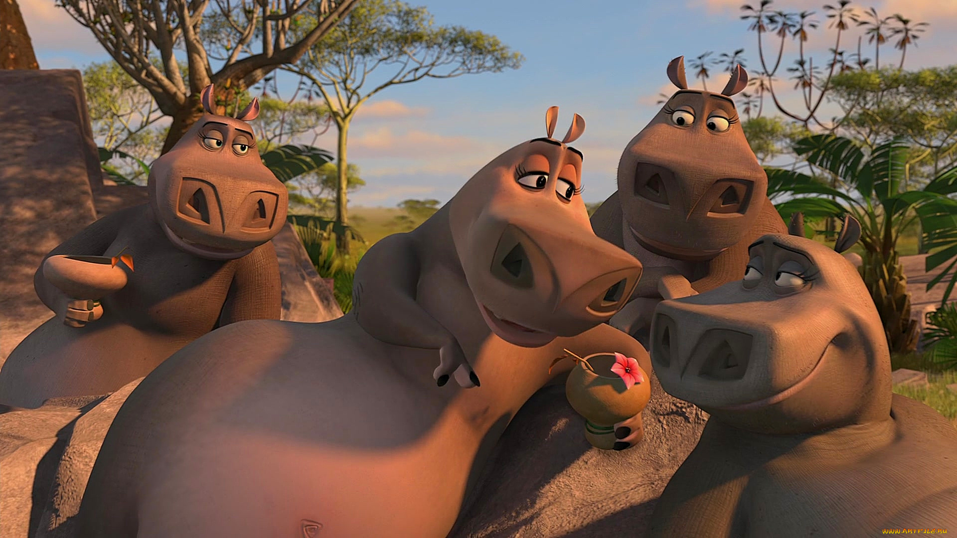 мультфильмы, madagascar, , escape, 2, africa, бегемот, четыре, растения