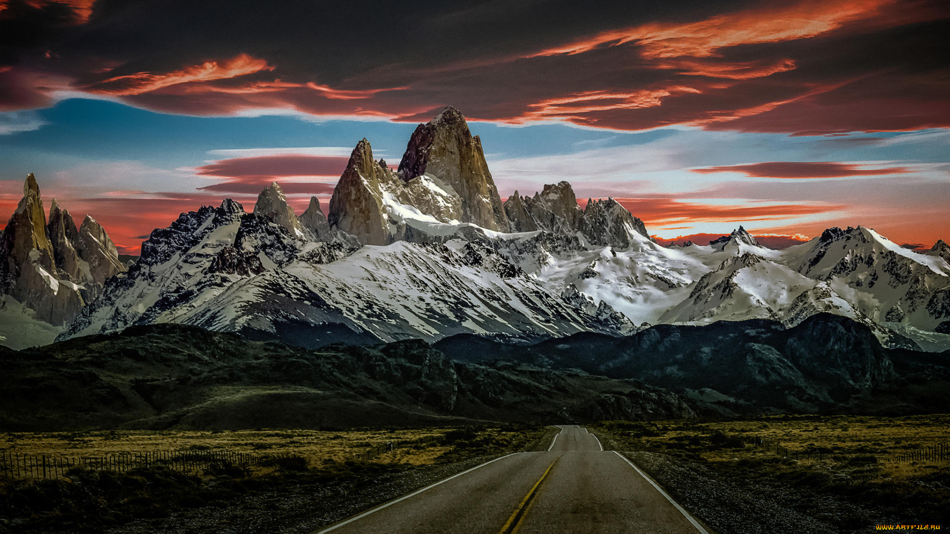 природа, дороги, закат, пейзаж, поле, горы, дорога