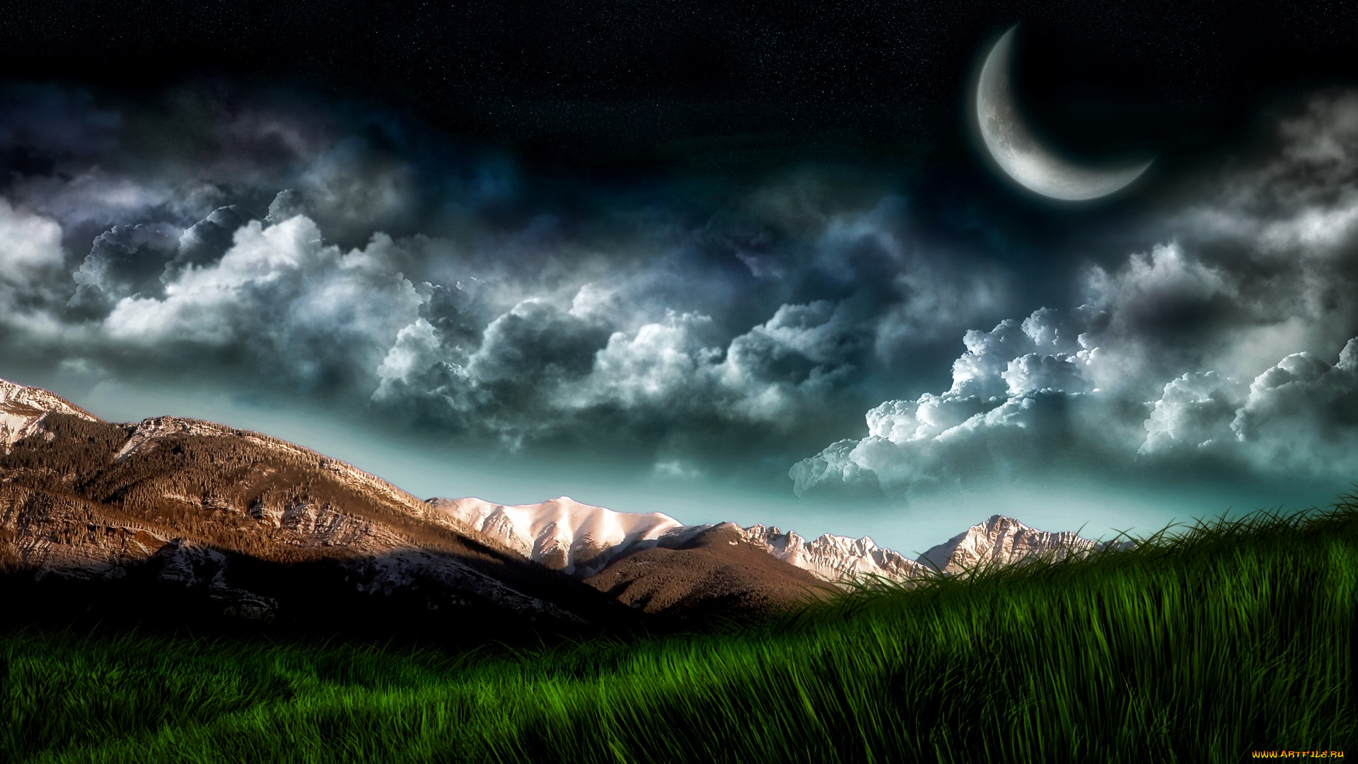 природа, горы, облака, луна