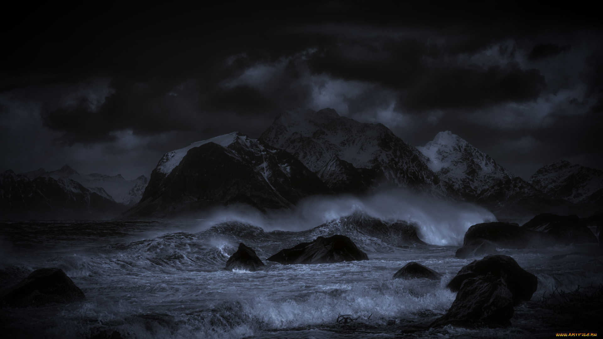 природа, побережье, море, камни, ночь