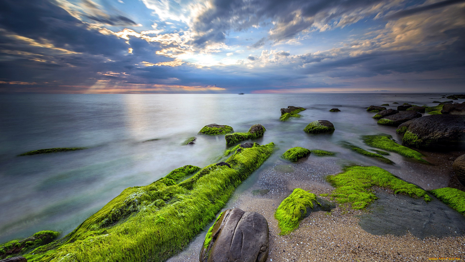 природа, побережье, облака, камни