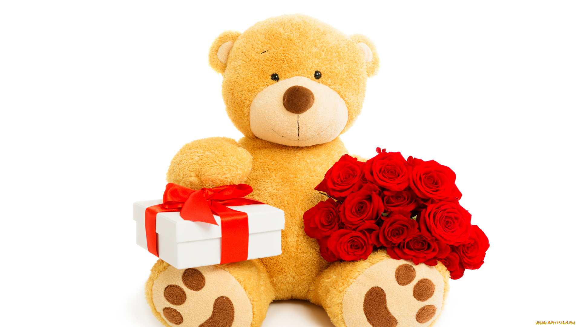 разное, игрушки, с, букетом, красных, роз, плюшевый, медведь, и, подарком