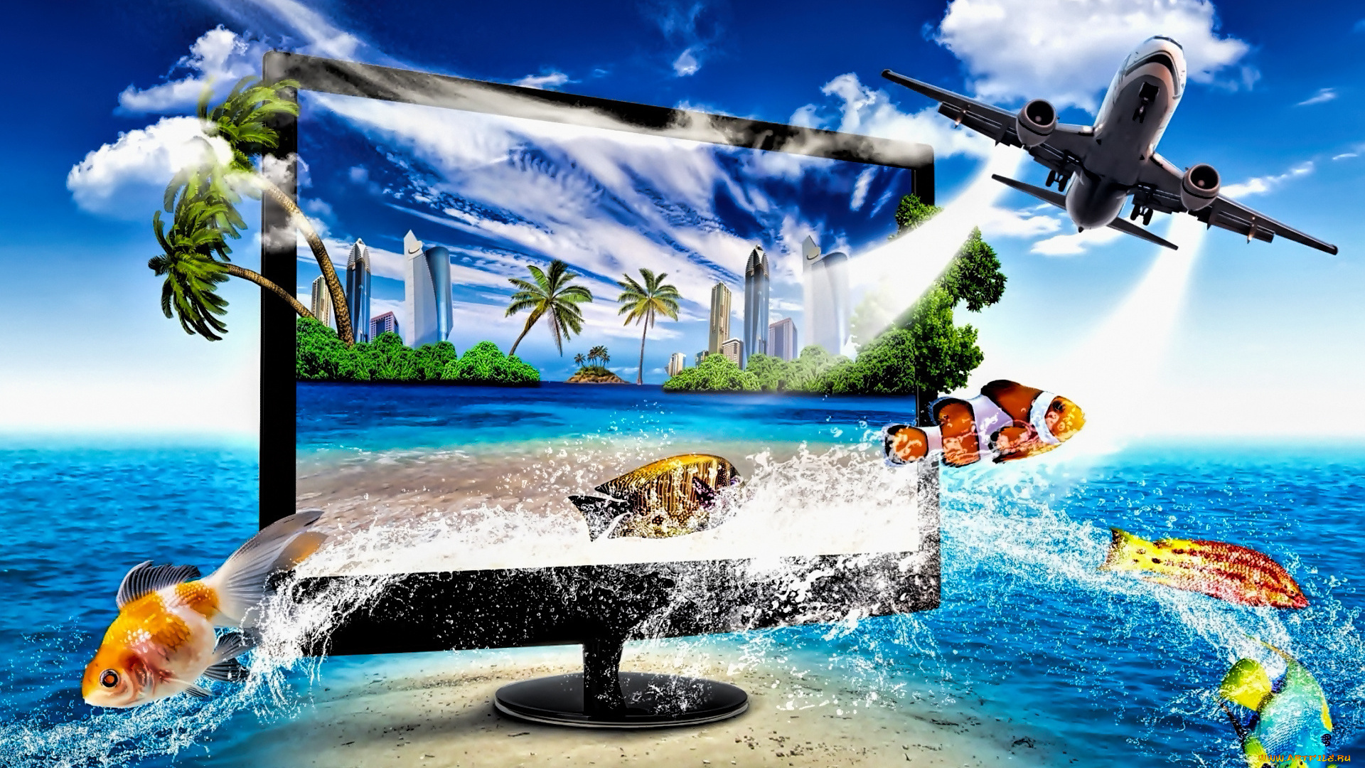 разное, компьютерный, дизайн, монитор, самолет, небо, облака, рыбы, на, рабочий, стол