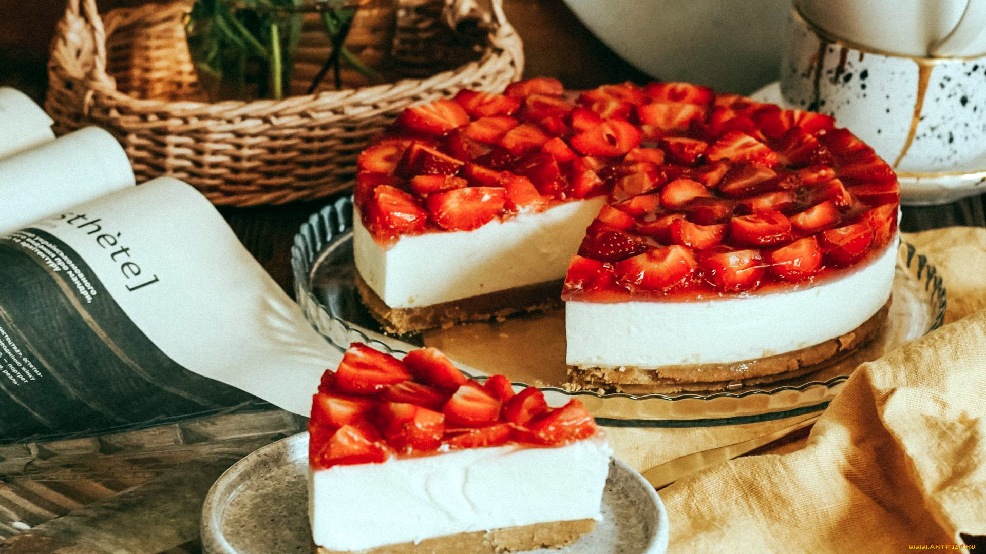 еда, торты, клубничный, чизкейк