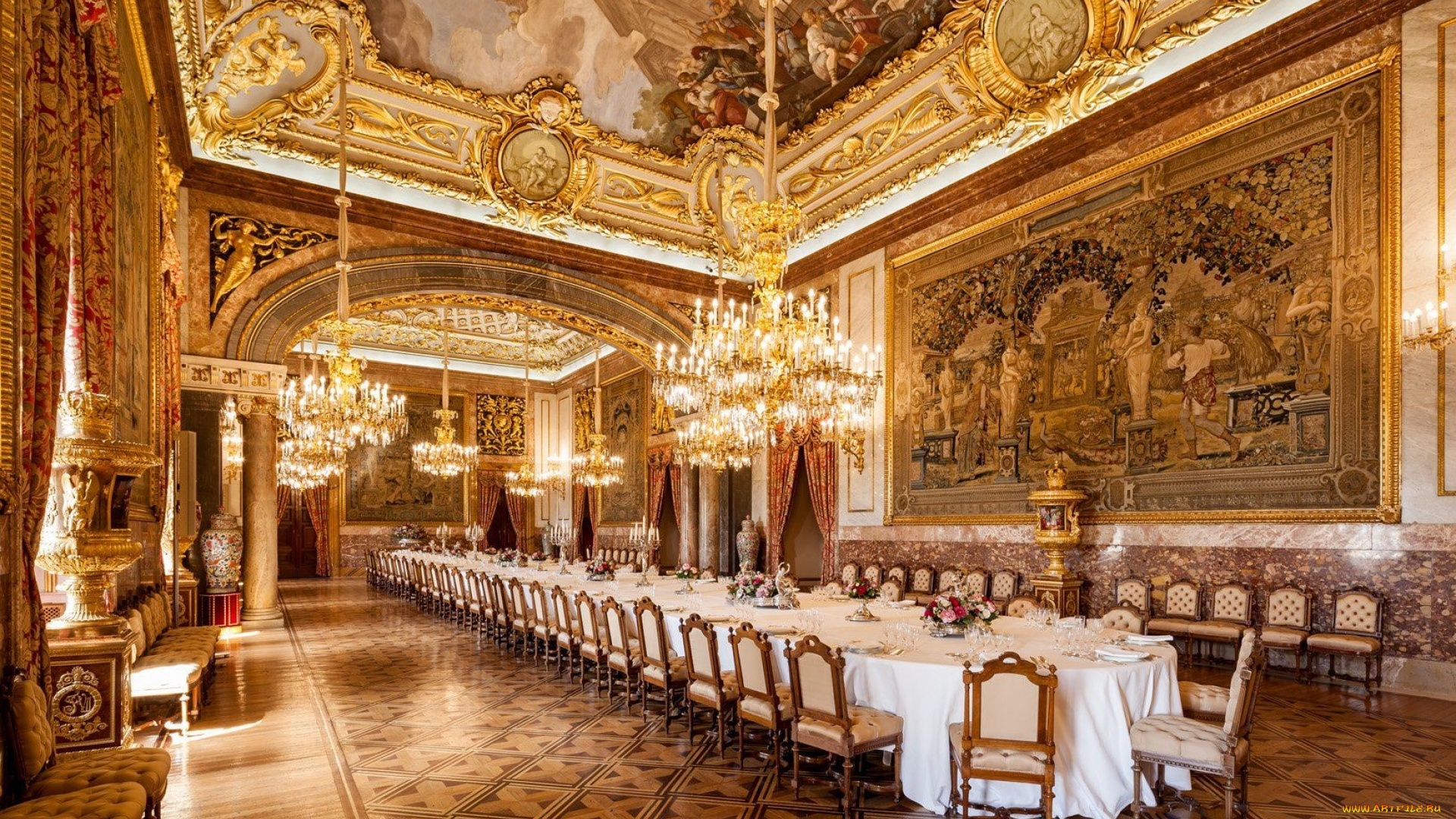 интерьер, дворцы, , музеи, дворец, люстры, стол, сервировка