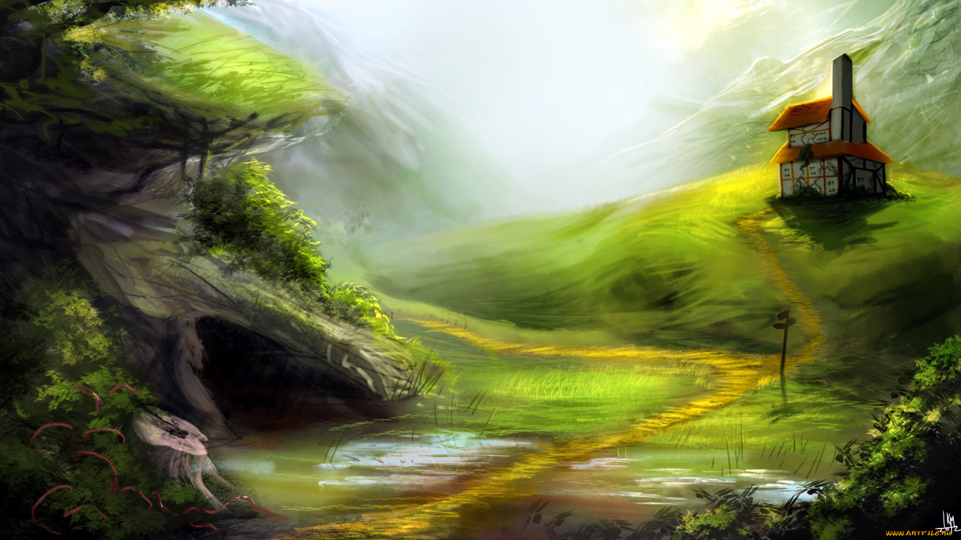 рисованное, природа, горы, дом, тропинка, зелень