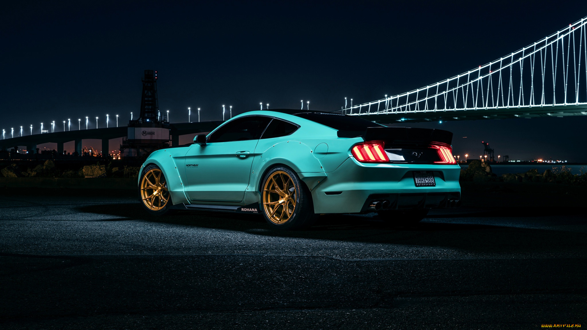 автомобили, mustang, ford, muscle, car, night, wheels, rear, bule, rohana
