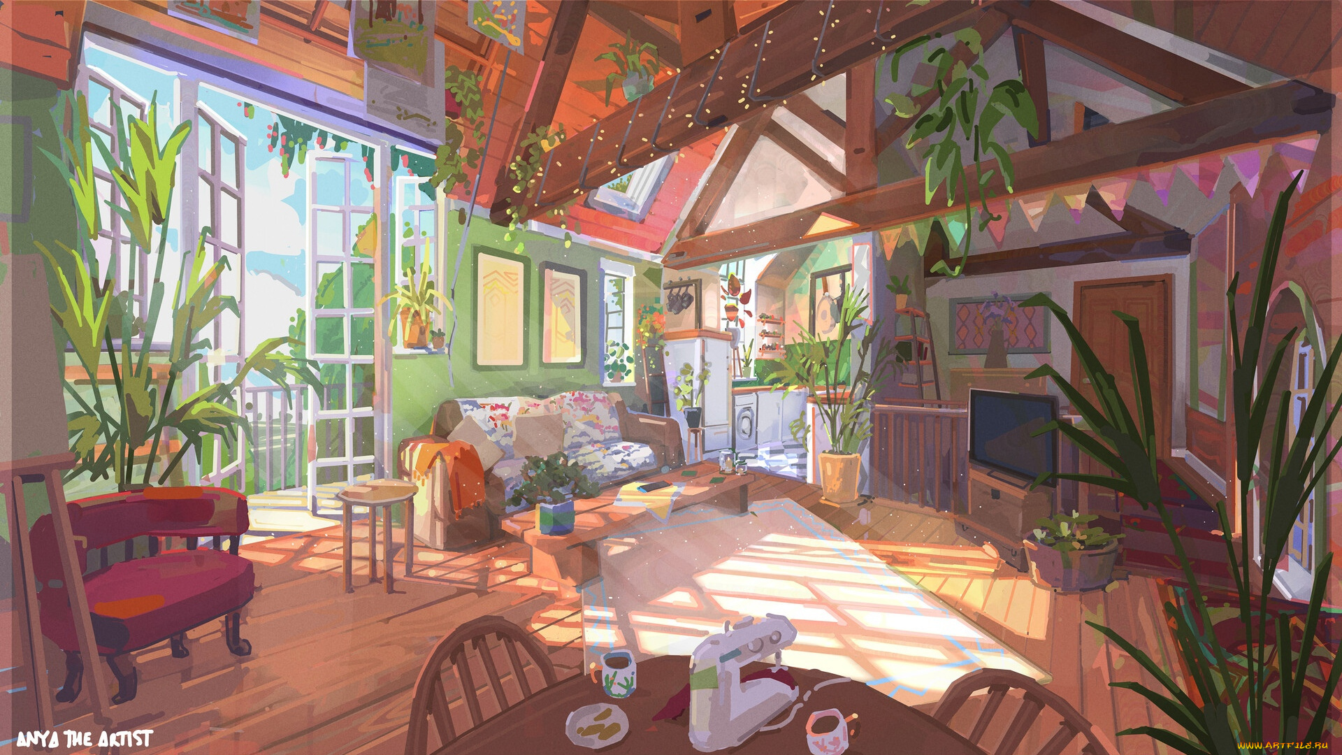 рисованное, города, комната, дом