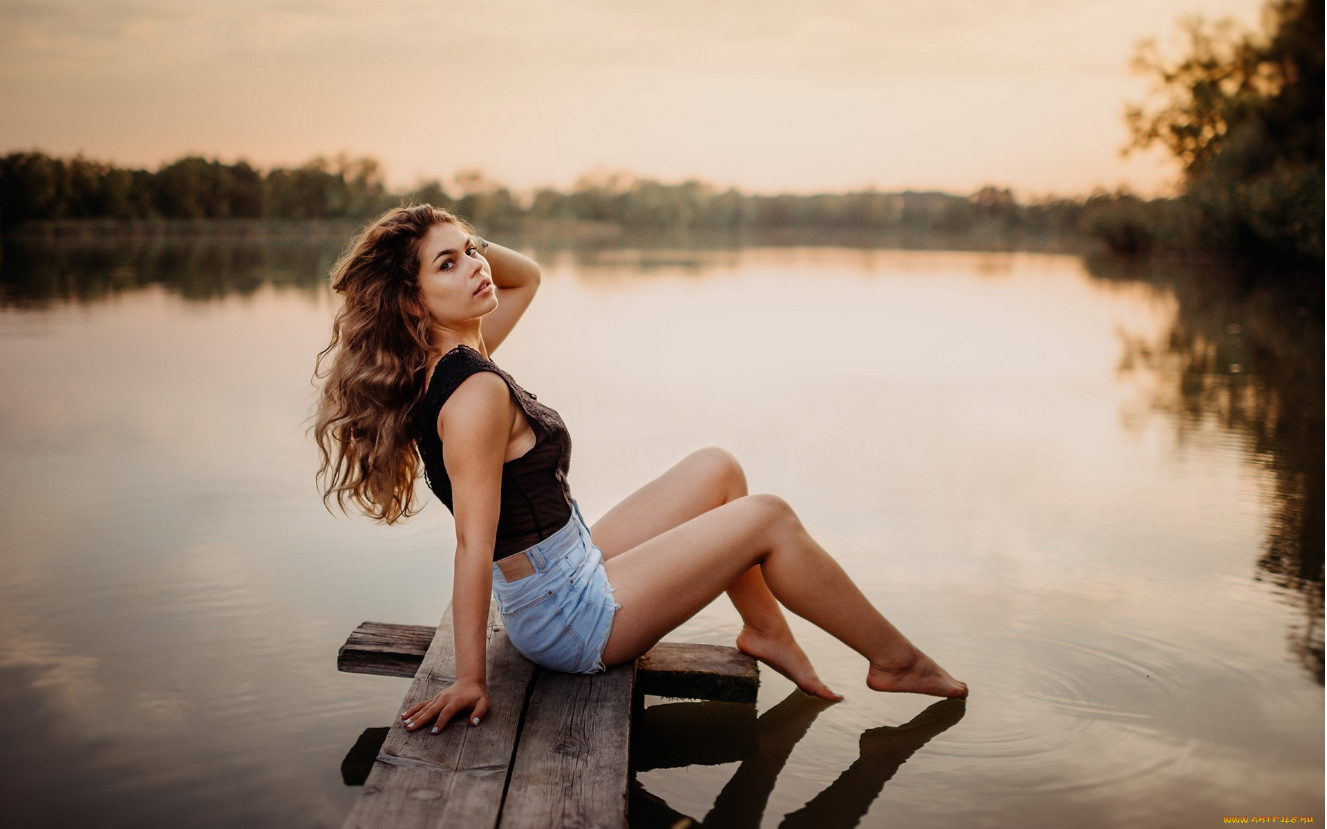 девушки, -, брюнетки, , шатенки, шатенка, топ, шорты, мостки, озеро