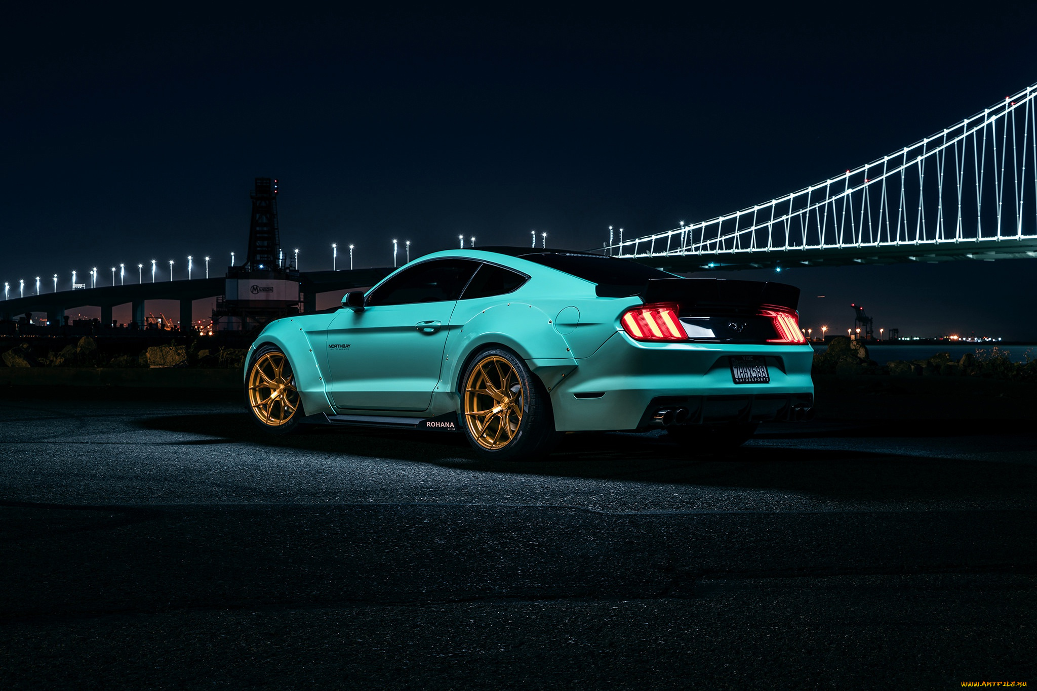 автомобили, mustang, ford, muscle, car, night, wheels, rear, bule, rohana