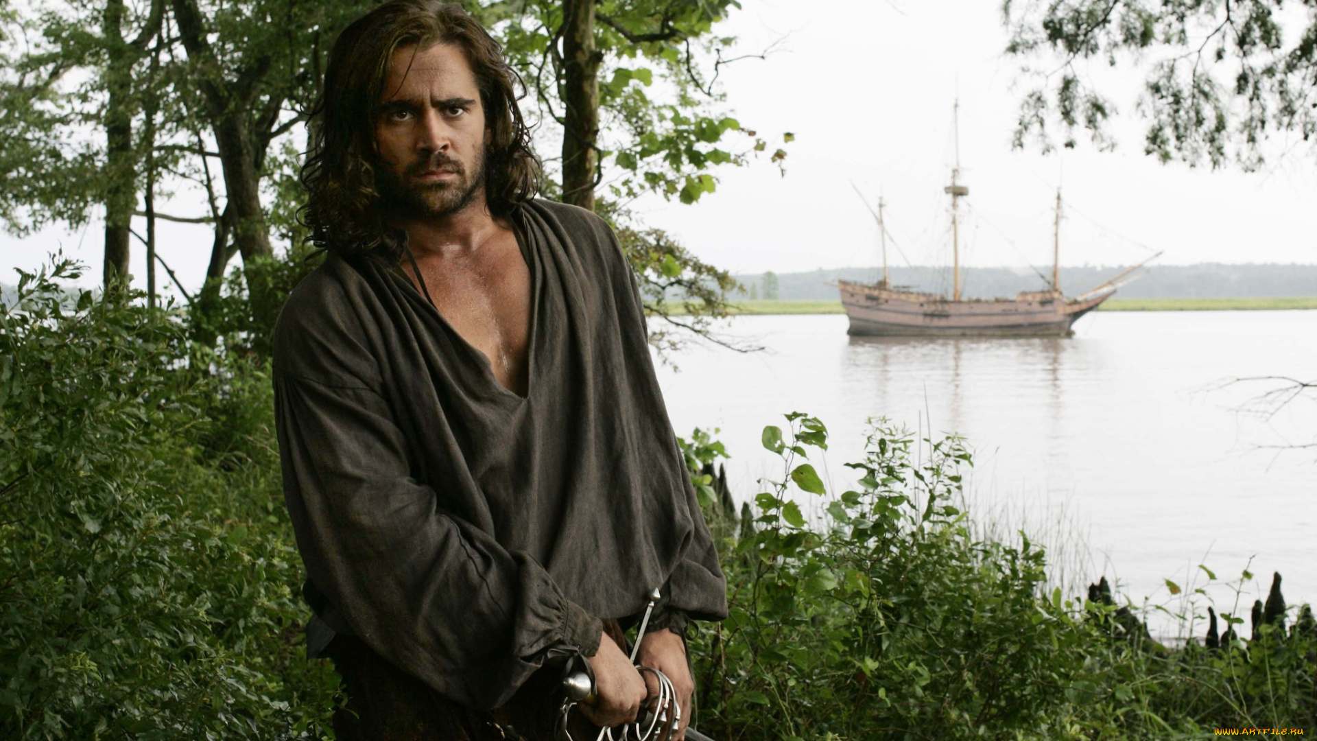 кино, фильмы, the, new, world, мужчина, шпага, кусты, корабль