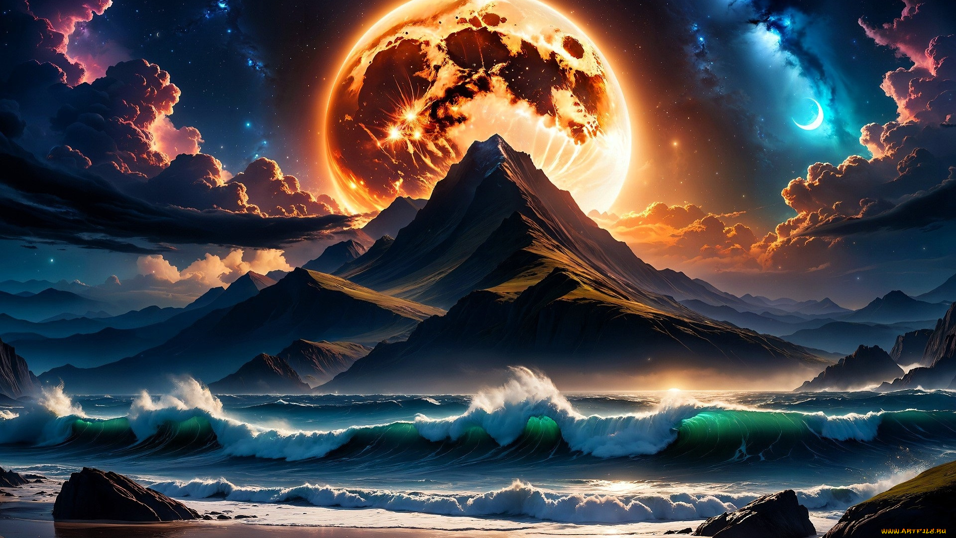 рисованное, природа, горы, облака, луна, море, волны, камни, берег