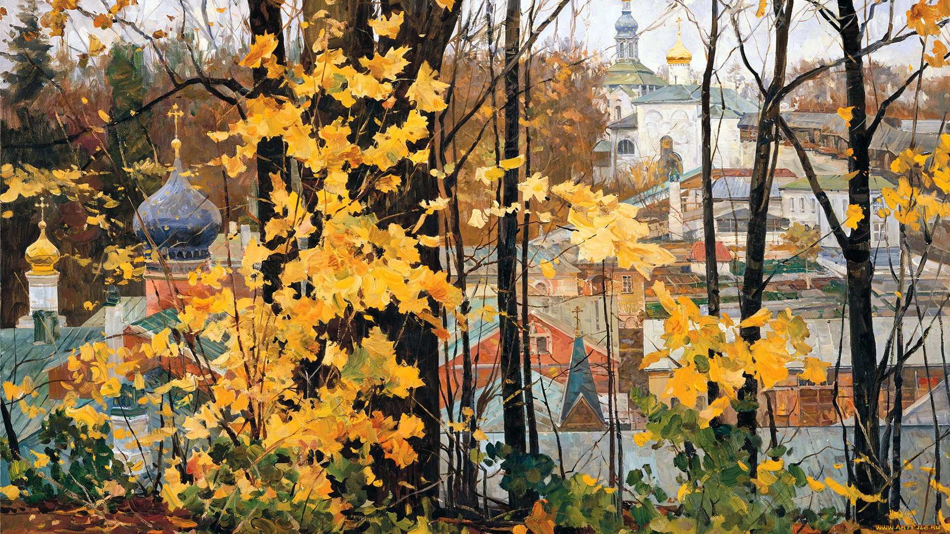 времена, года, , осень, в, печорах, рисованное, василий, нестеренко, осень, деревья, собор