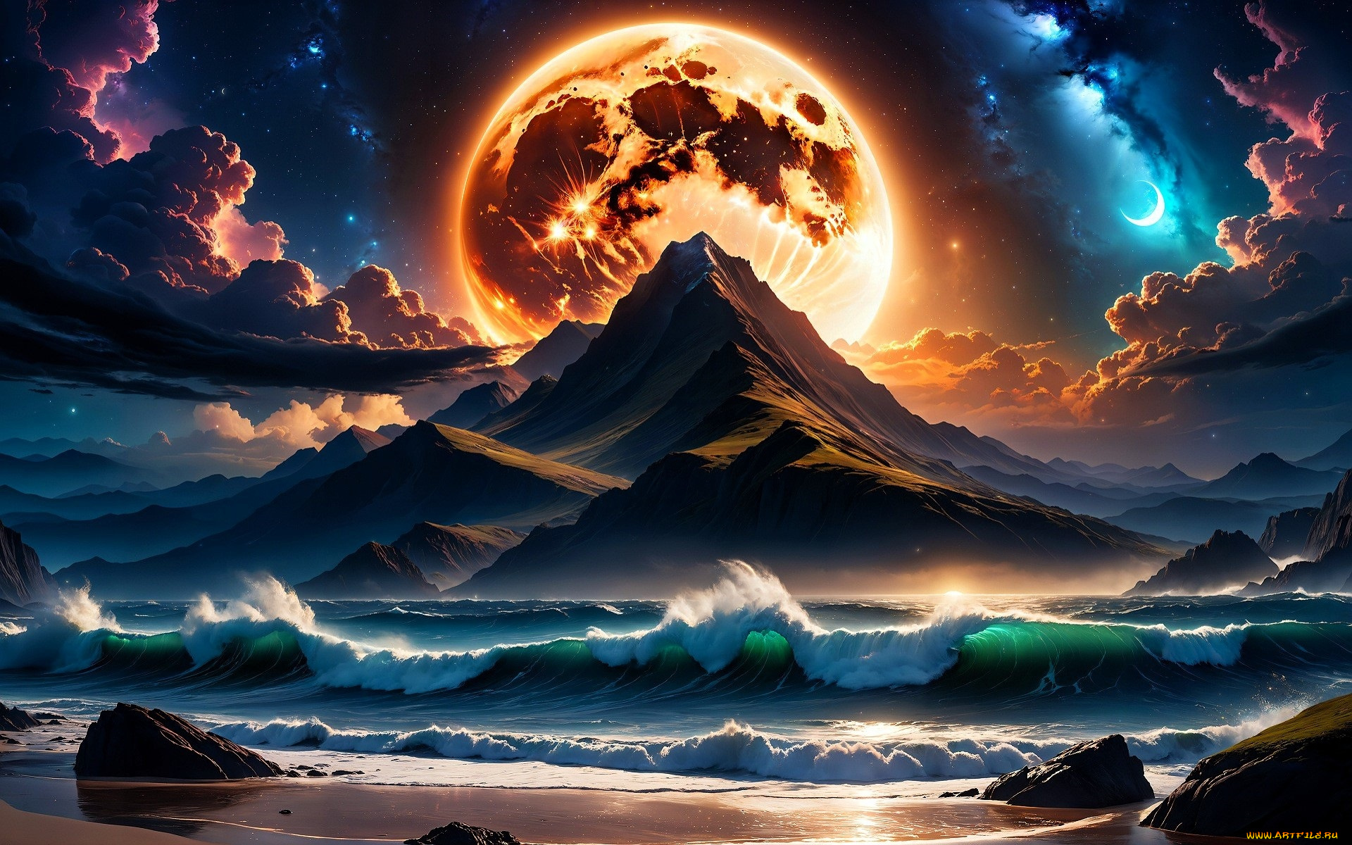 рисованное, природа, горы, облака, луна, море, волны, камни, берег