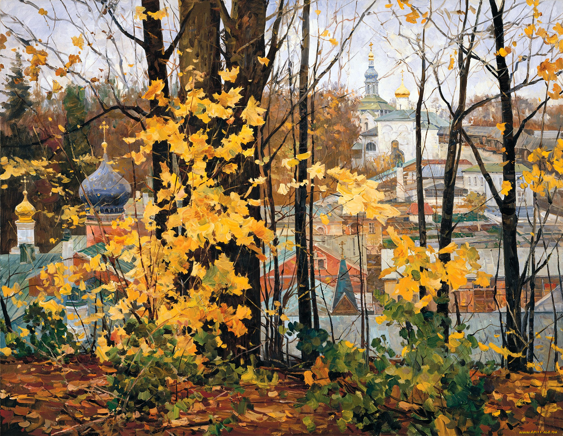 времена, года, , осень, в, печорах, рисованное, василий, нестеренко, осень, деревья, собор