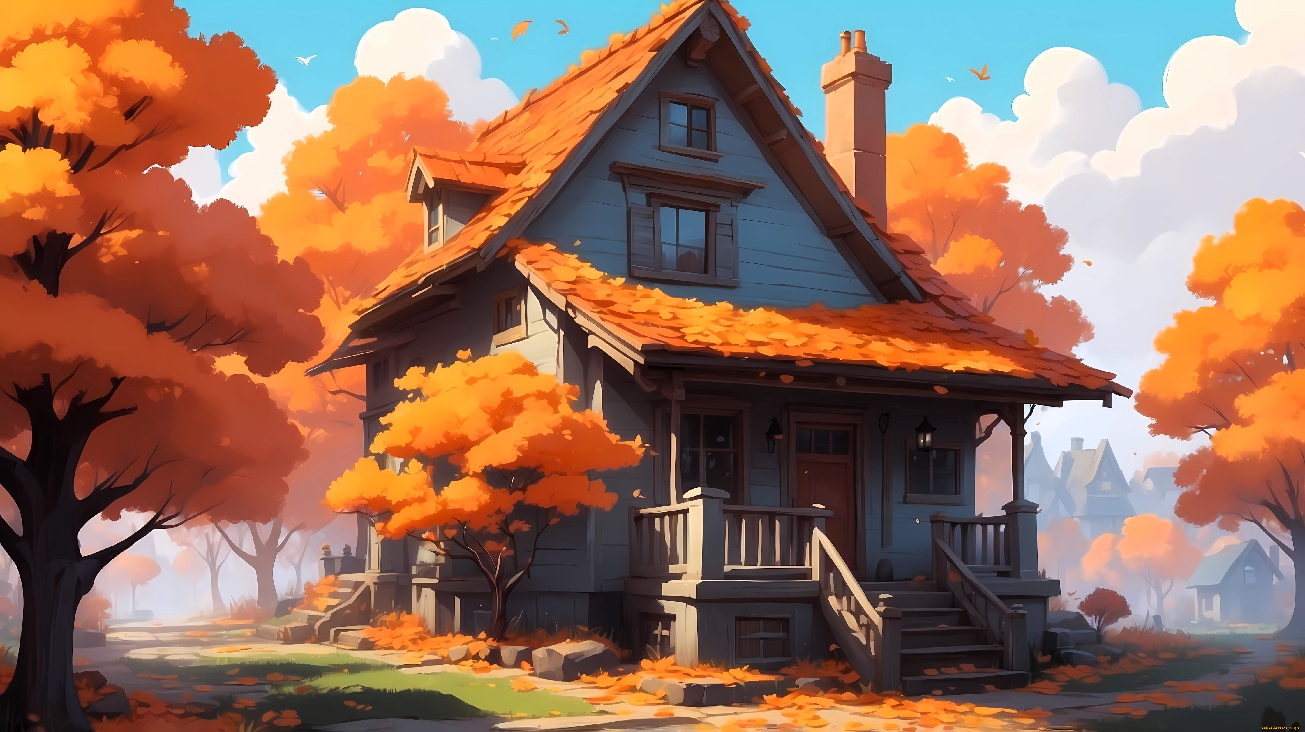 рисованное, города, дом, осень, деревья, листья