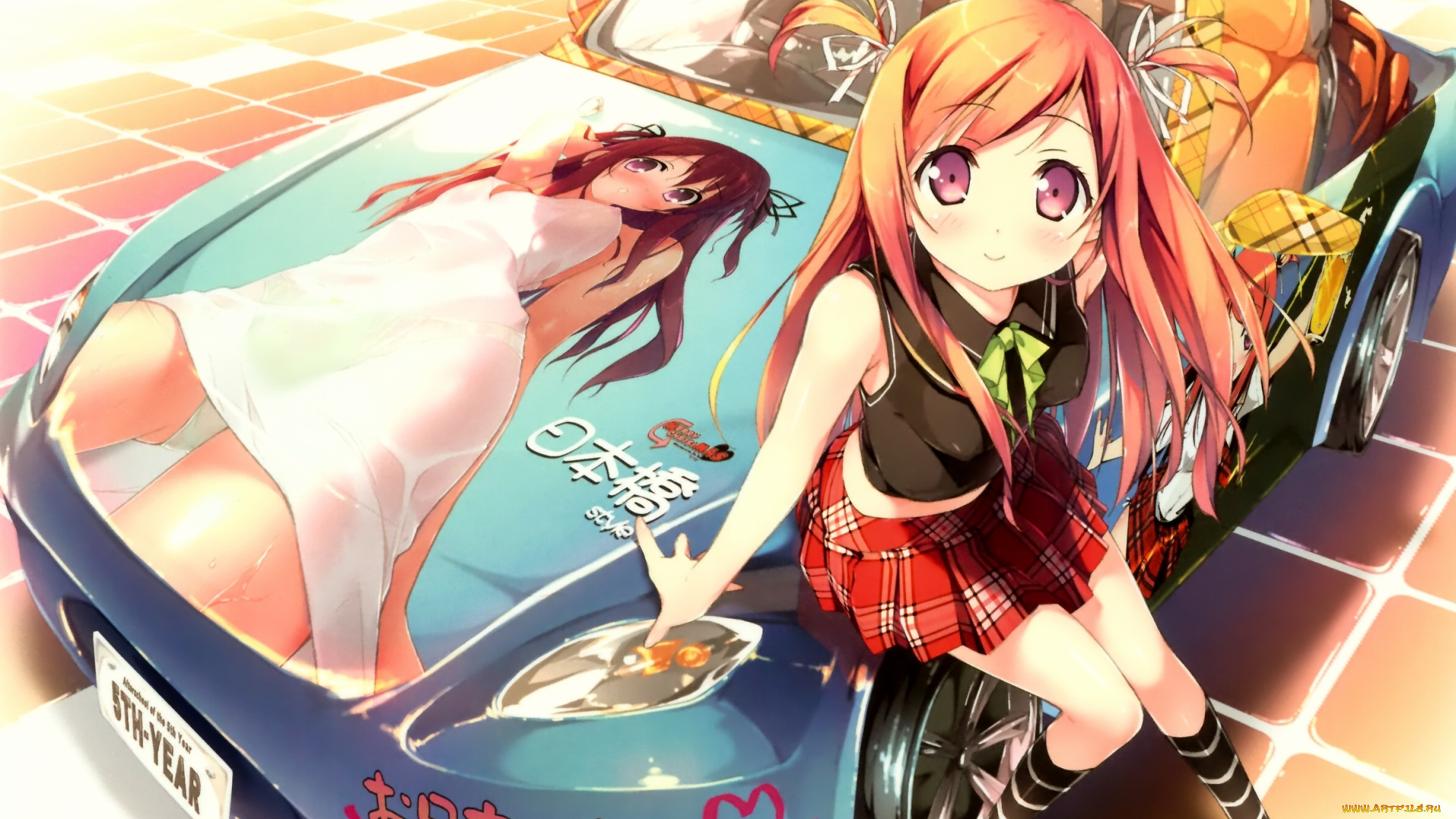 аниме, kantoku, artbook, иероглифы, машина, девушка