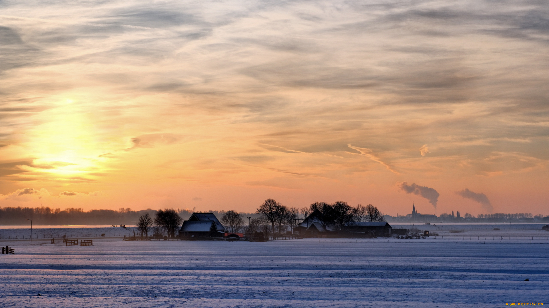 природа, зима, восход, снег, пейзаж, хутор, поле