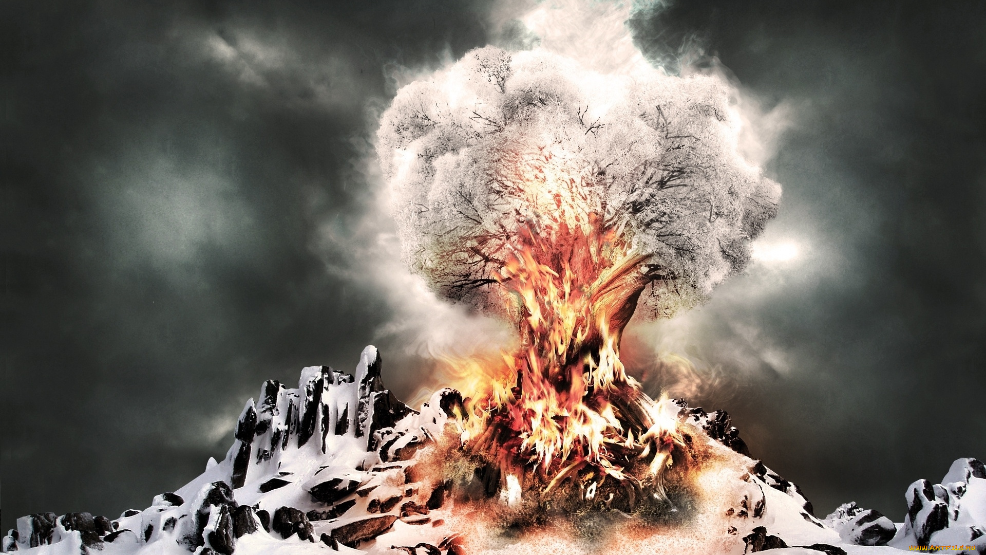 3д, графика, nature, landscape, природа, дерево, крона, огонь