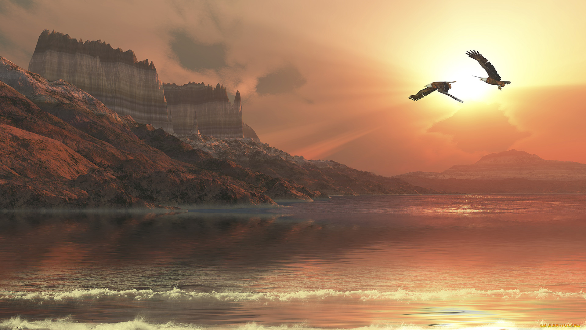 3д, графика, nature, landscape, природа, горы, закат, вода, птицы