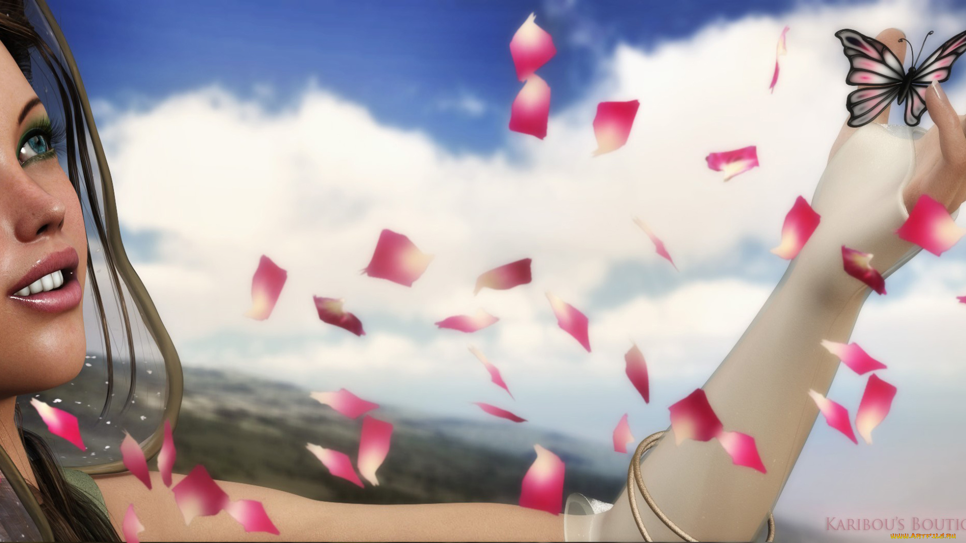 3д, графика, people, люди, девушка, бабочка, лепестки