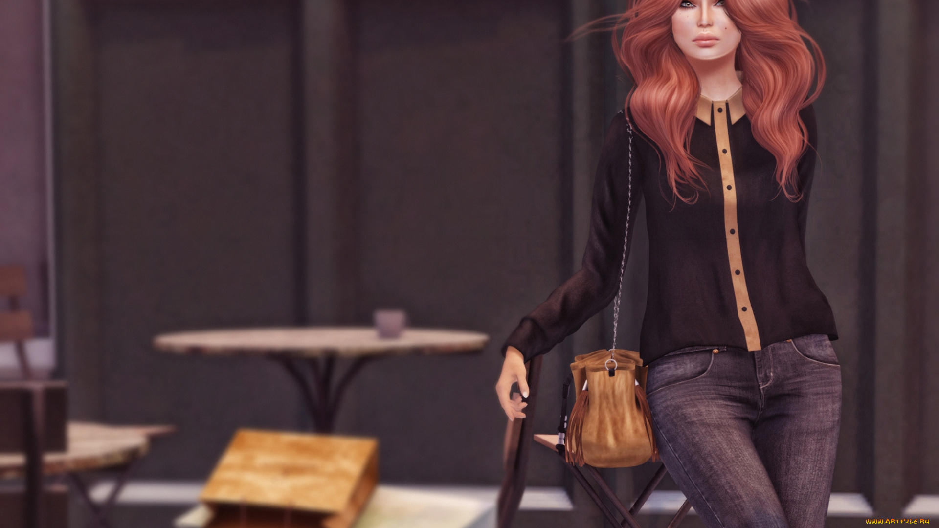 3д, графика, people, люди, очки, сумка, рыжая