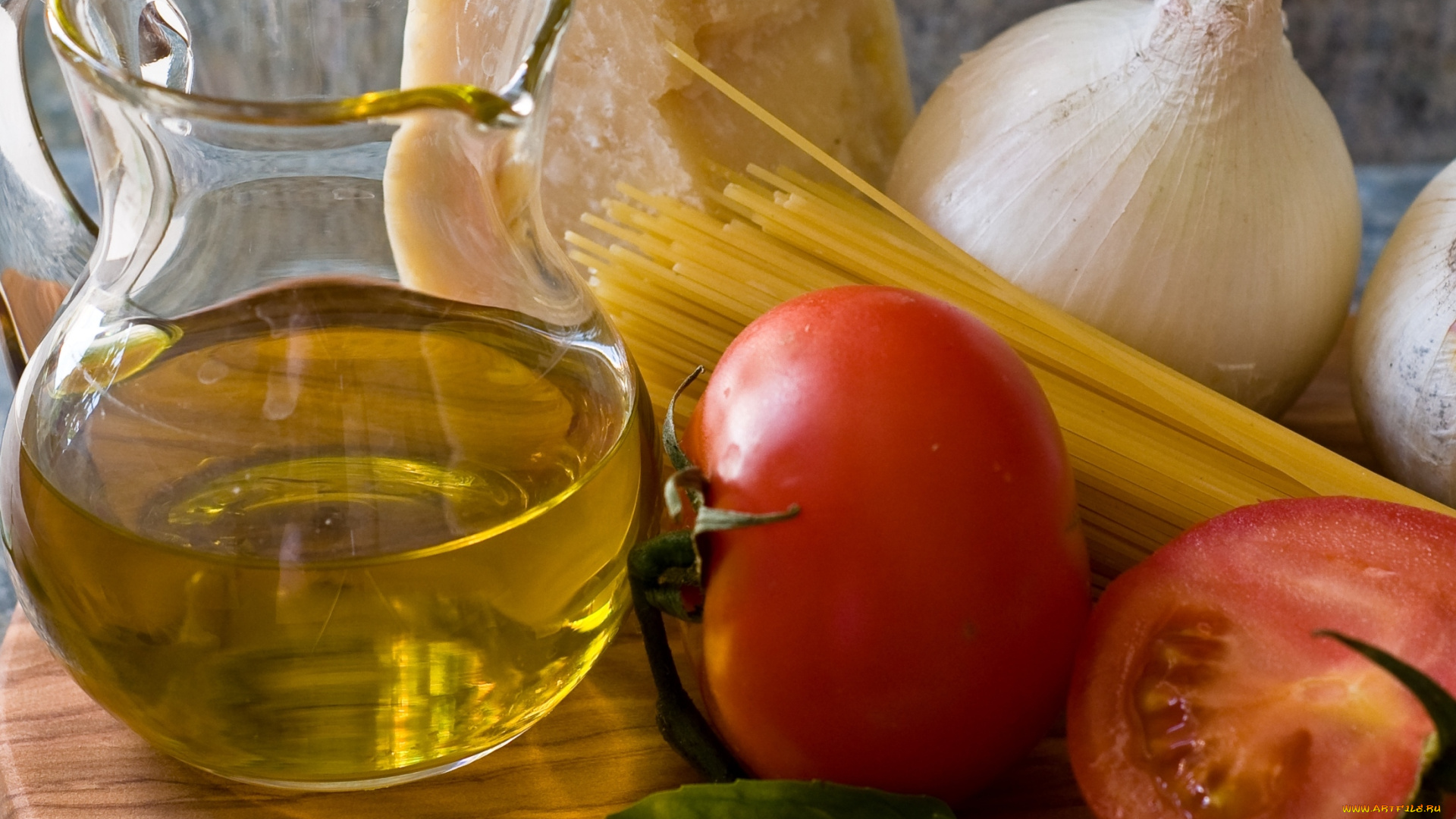 еда, разное, лук, пармезан, базилик, спагетти, помидор, масло