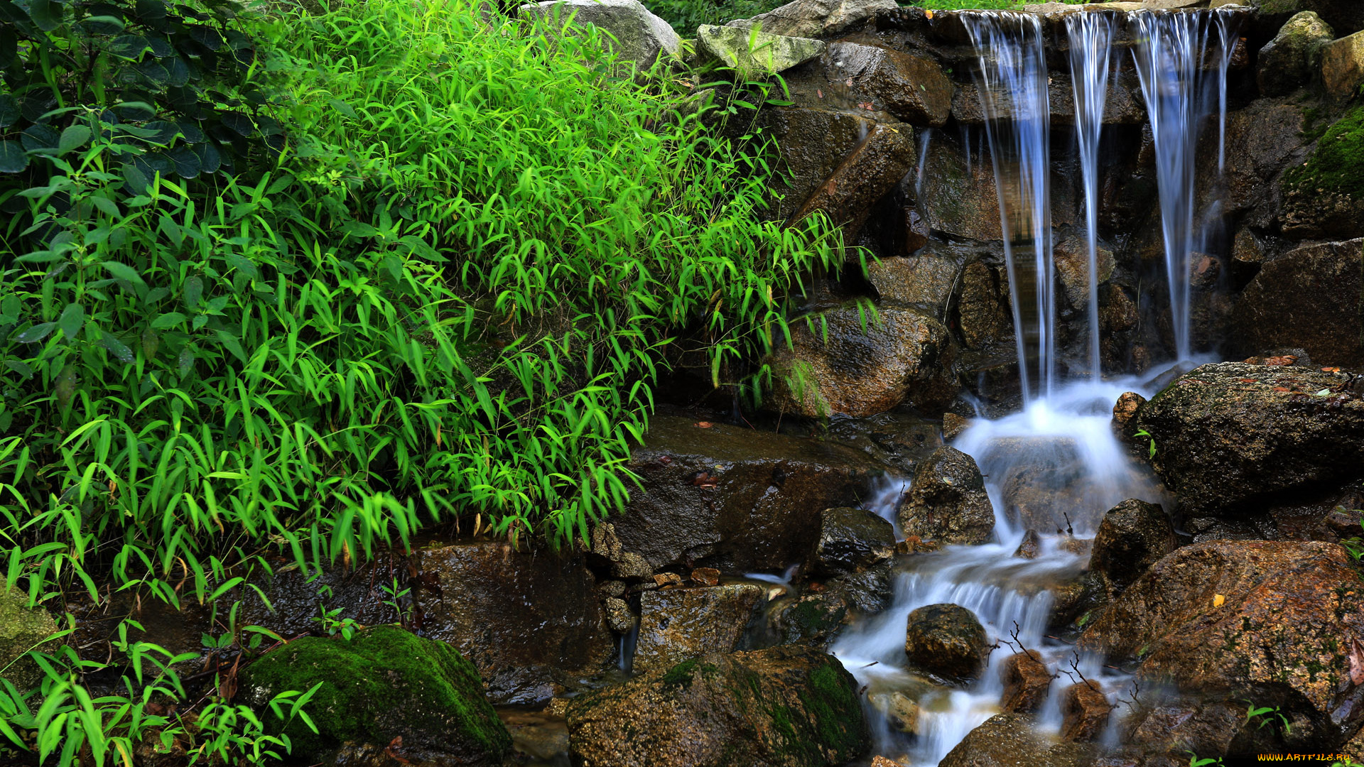 природа, водопады, зелень, камни, ручей