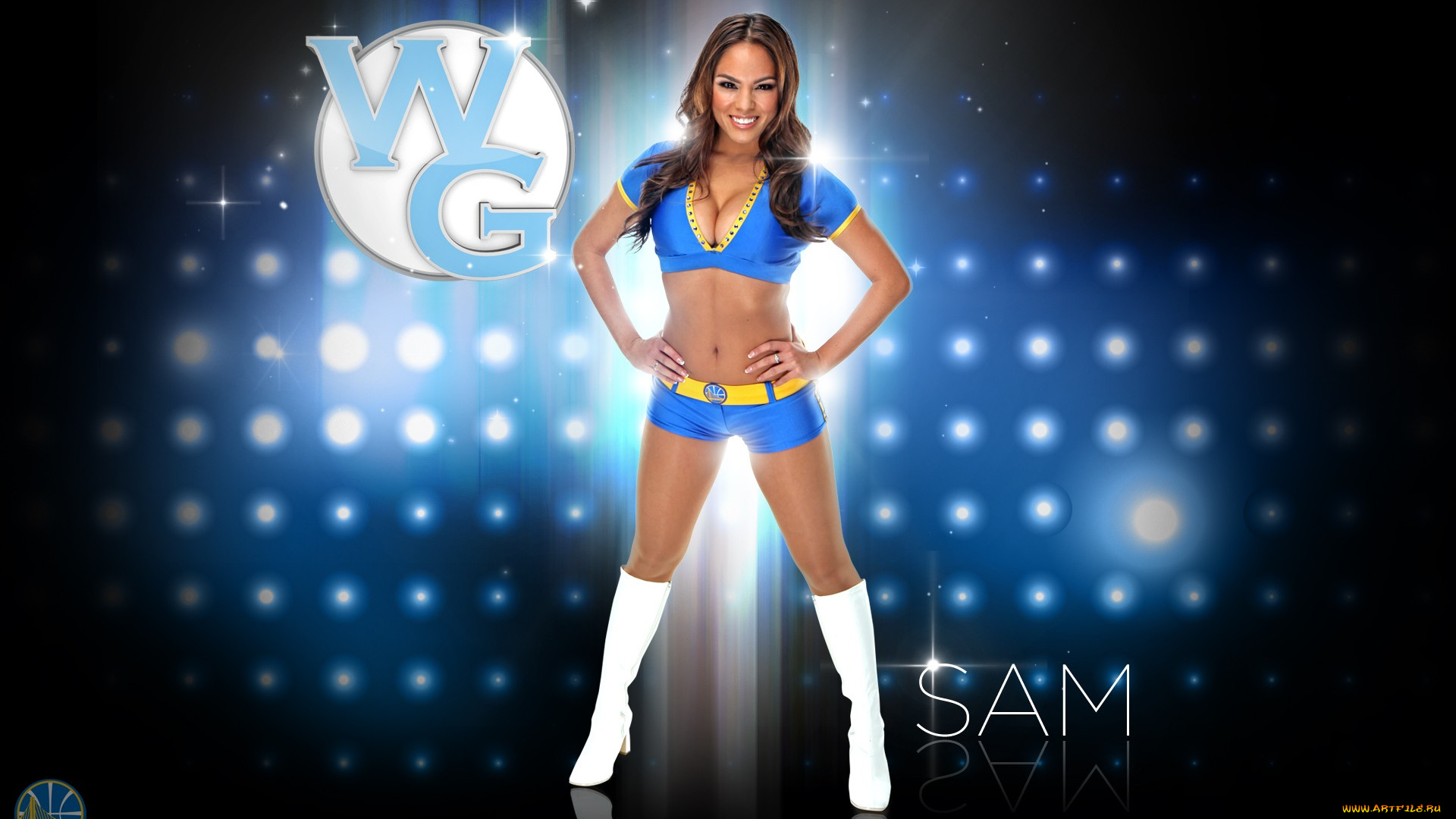 спорт, группы, поддержки, днвушка, улыбка, фон, синий