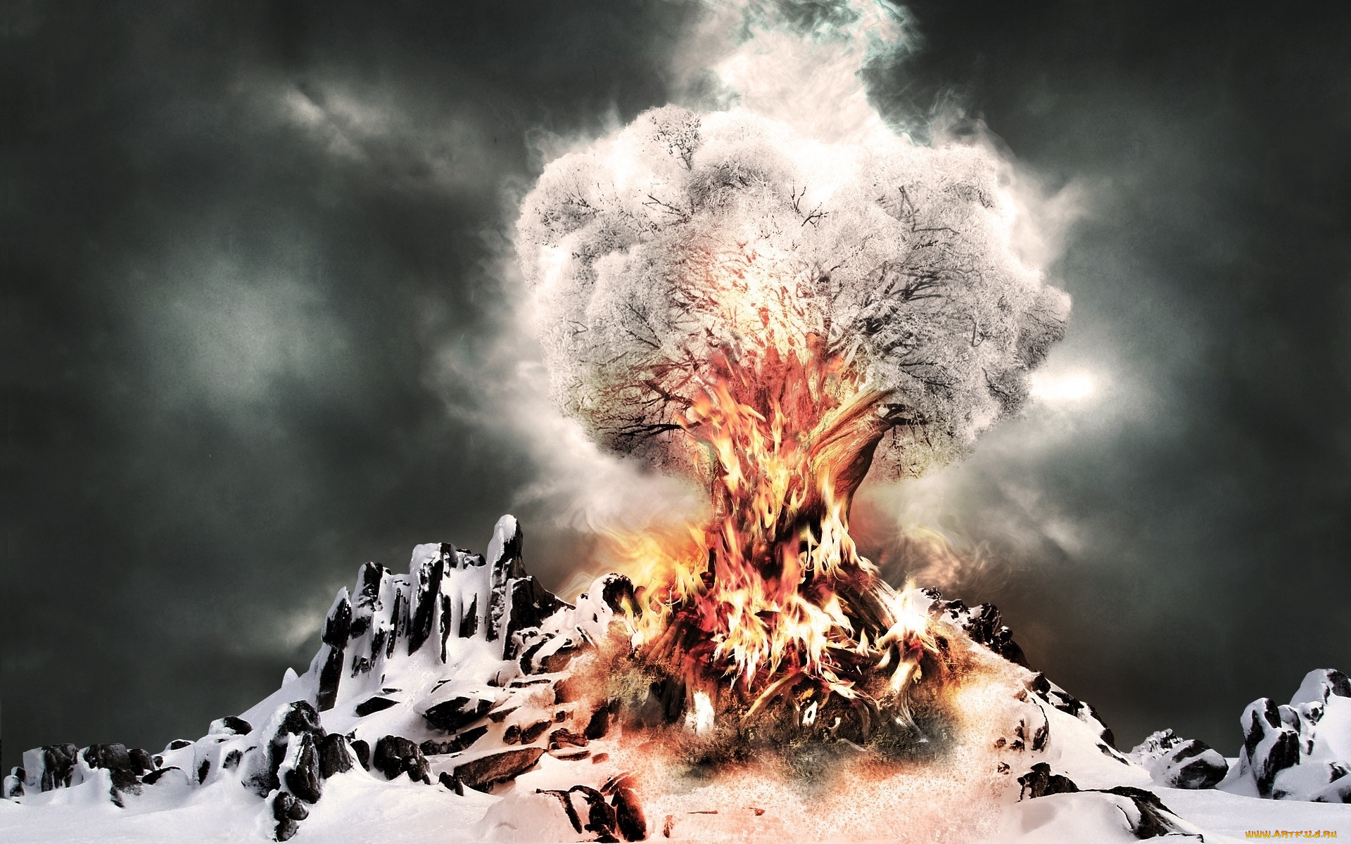 3д, графика, nature, landscape, природа, дерево, крона, огонь