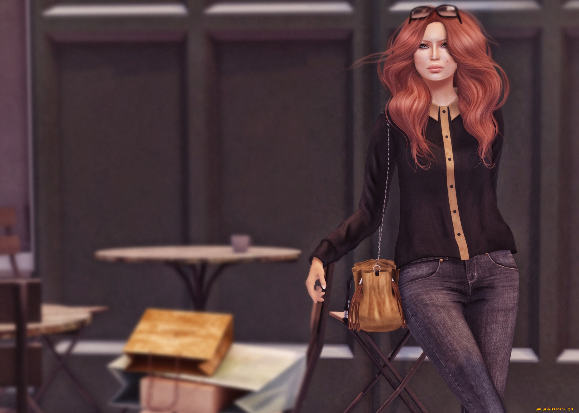 3д, графика, people, люди, очки, сумка, рыжая