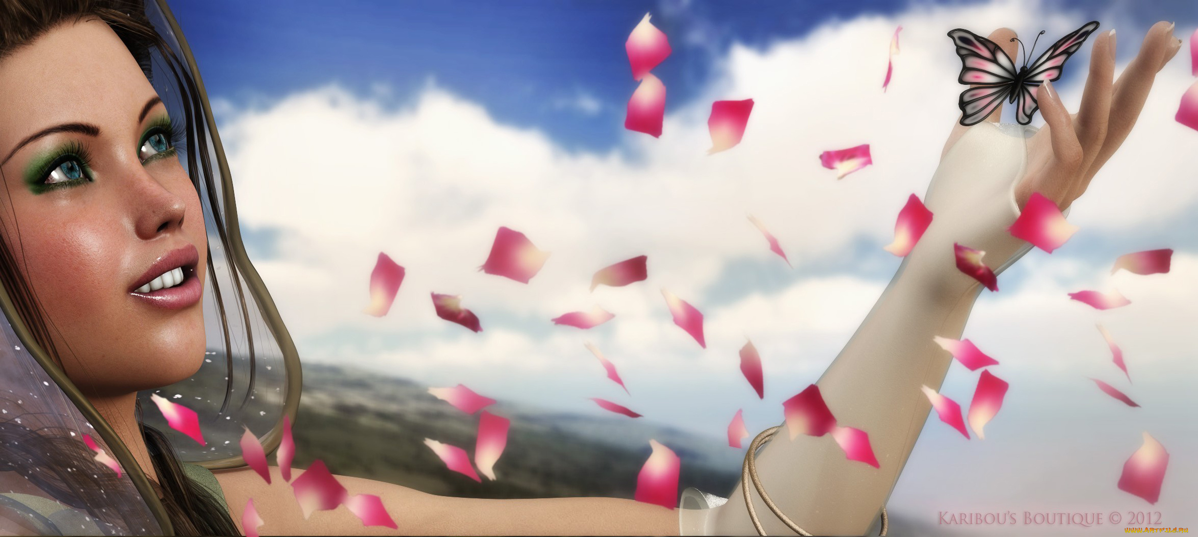 3д, графика, people, люди, девушка, бабочка, лепестки