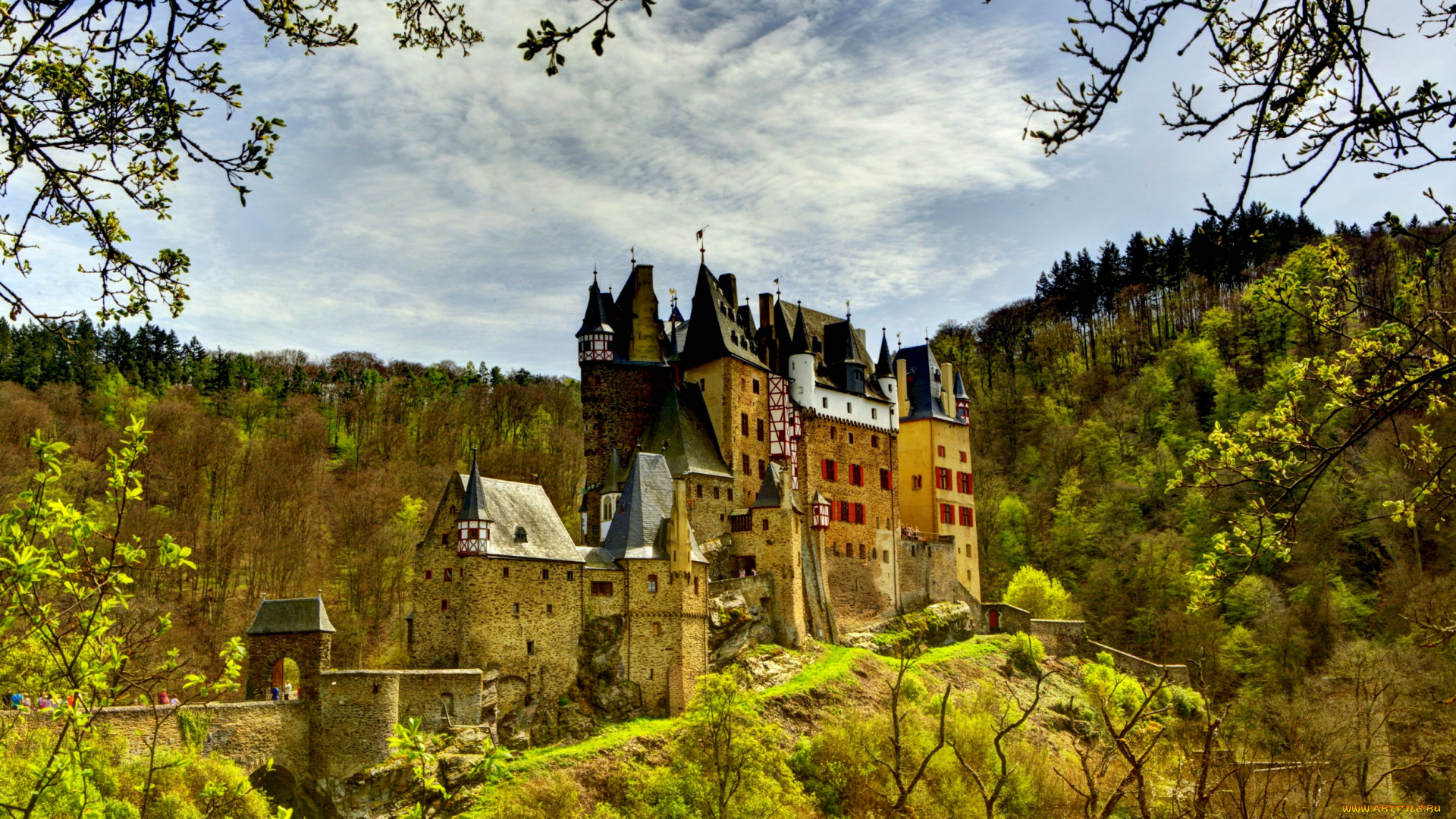 германия, рейнланд, пфальц, виршем, города, дворцы, замки, крепости, лес, замок, стены, башни, шпили