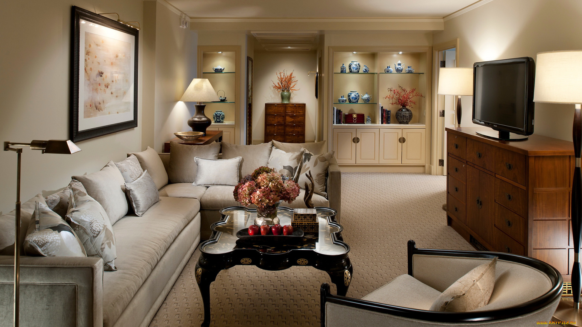 интерьер, гостиная, кресла, диван, телевизор, посуда