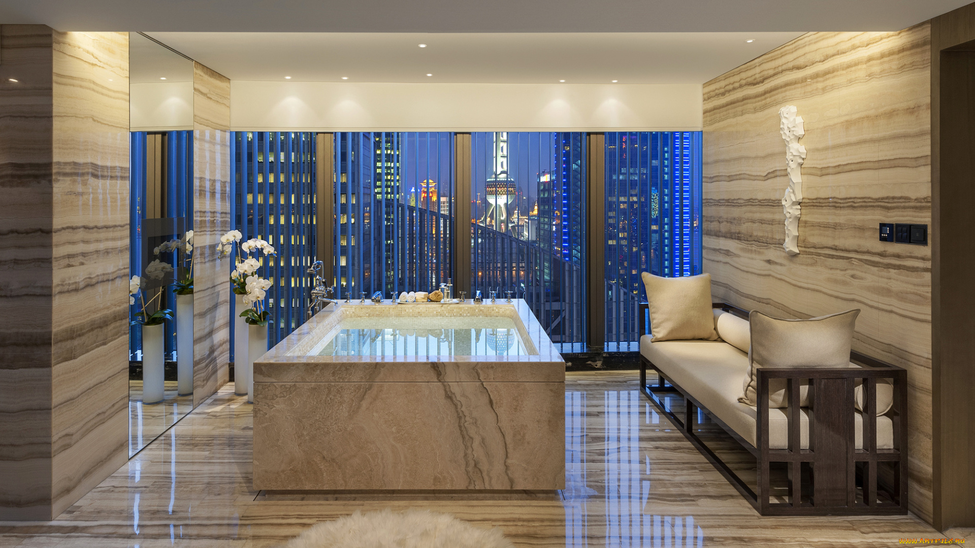 интерьер, ванная, туалетная, комнаты, стиль, дизайн, бежевый, джакузи, софа, ваза, цветы, окно, вид, город, pudong, shanghai