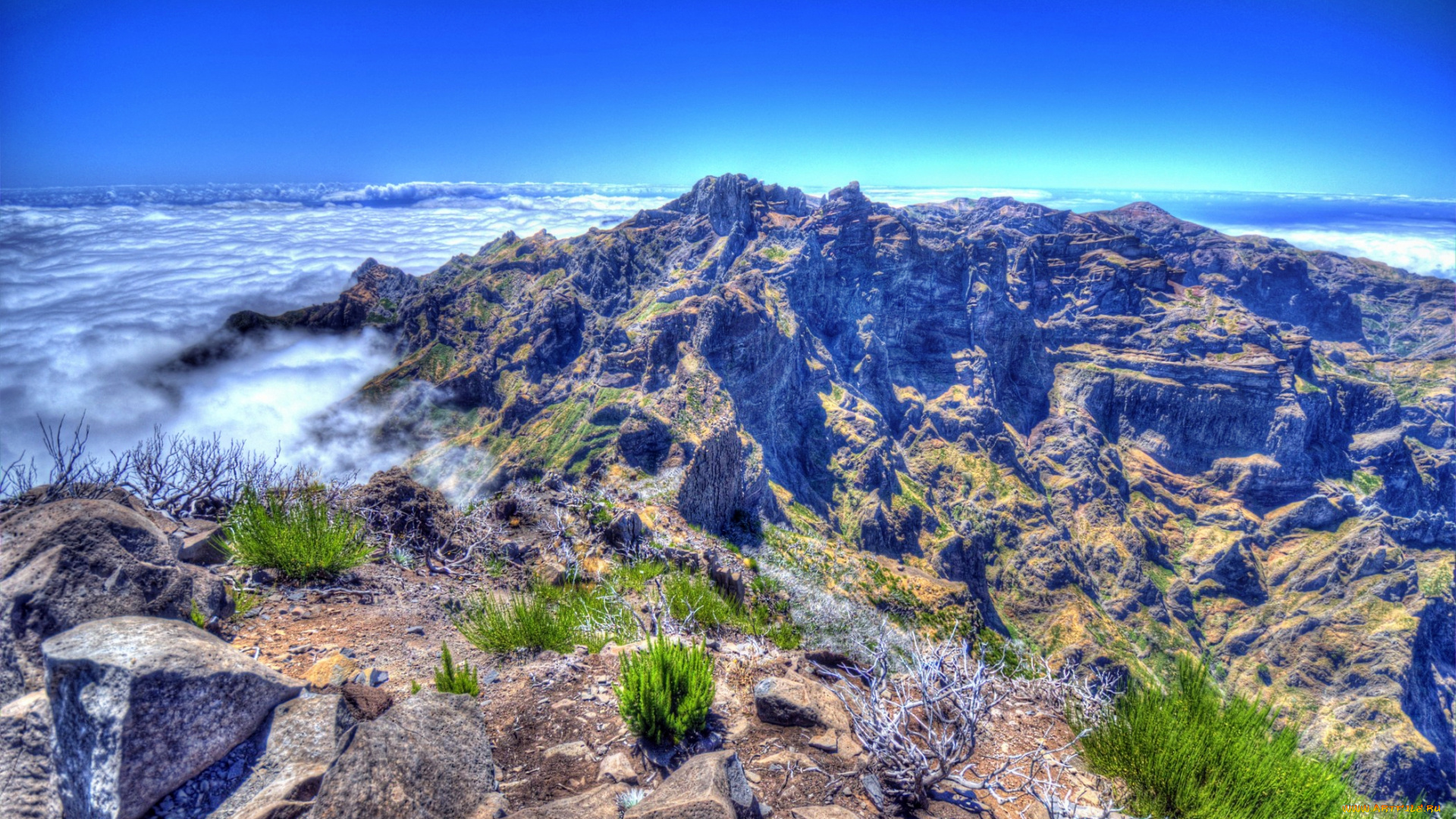 португалия, madeira, природа, горы, скалы, облака, трава, панорама