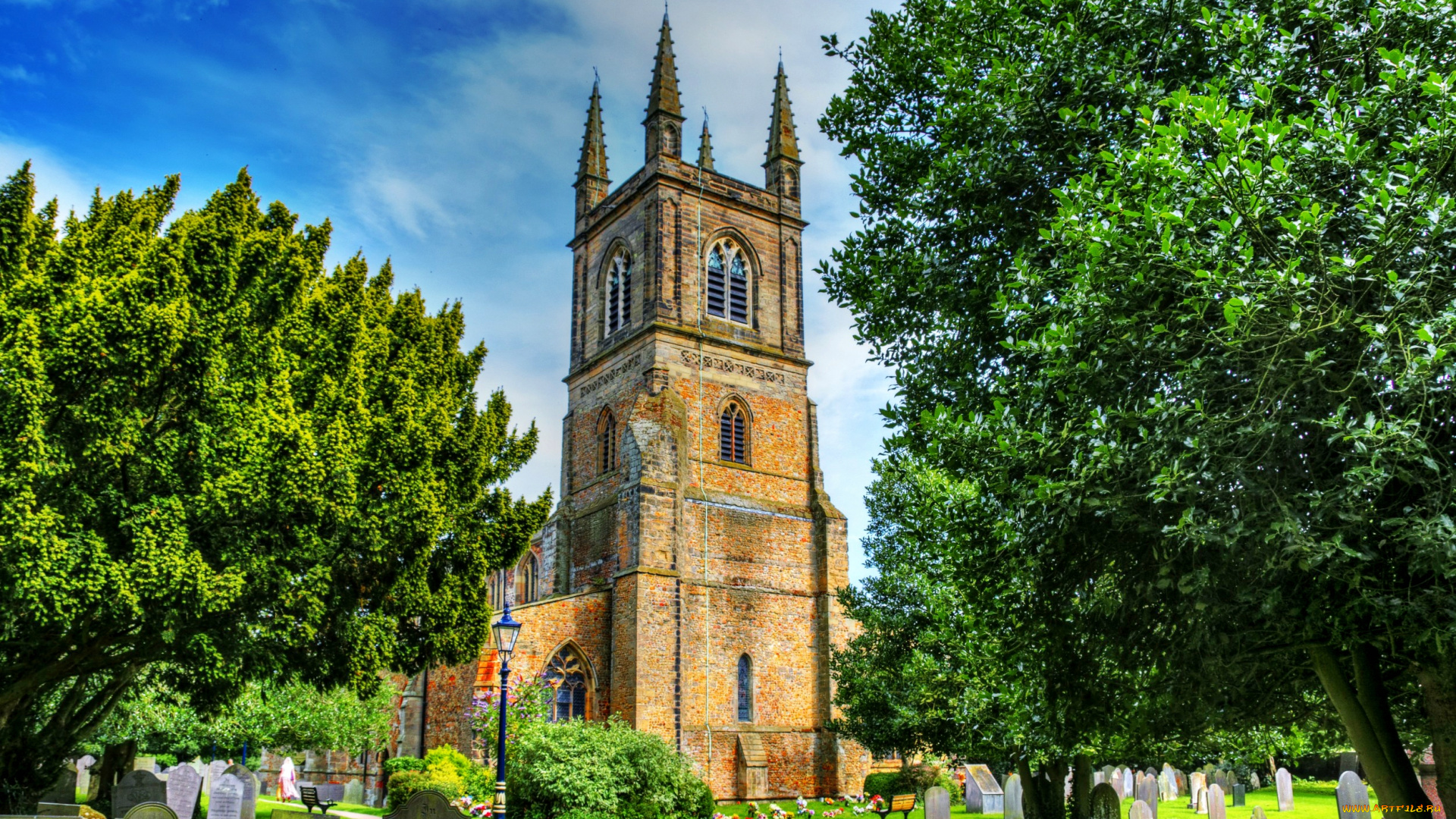 saint, mary`s, lutterworth, города, католические, соборы, костелы, аббатства, парк, трава, деревья, памятники, костел
