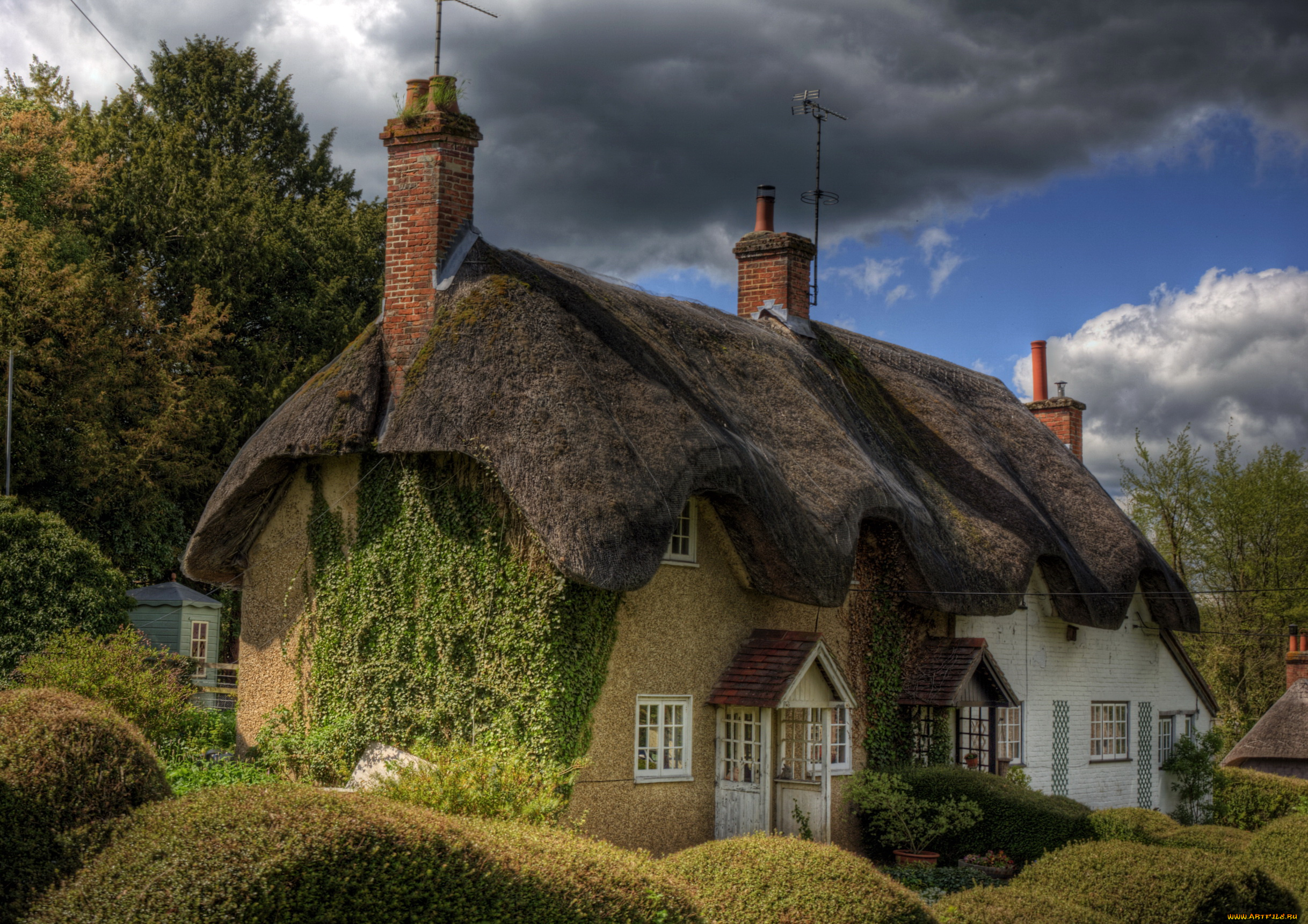 east, stratton, hampshire, англия, города, здания, дома, деревья, ландшафт, кусты, улица, коттедж