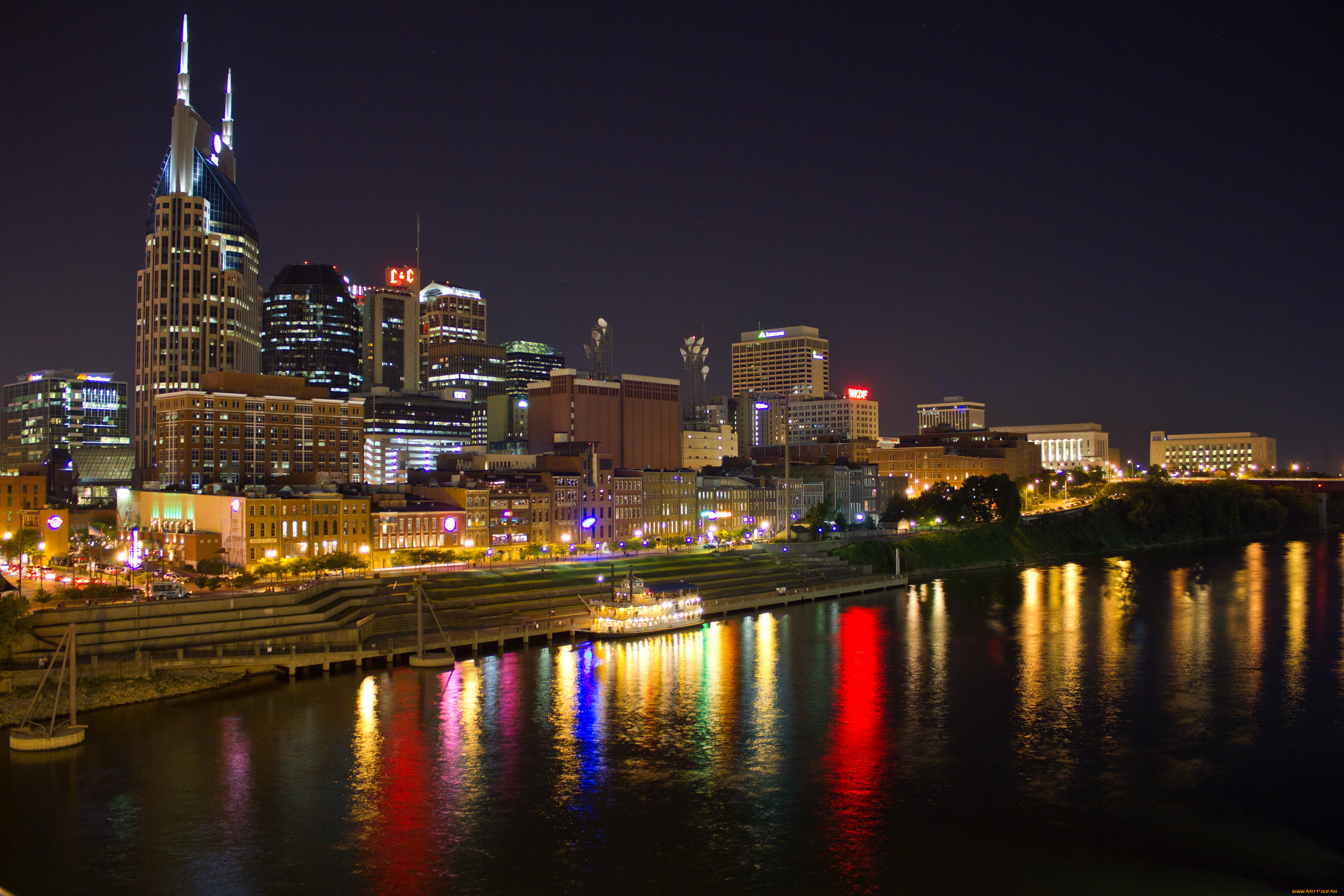 nashville, сша, города, огни, ночного, ночь, дома, река