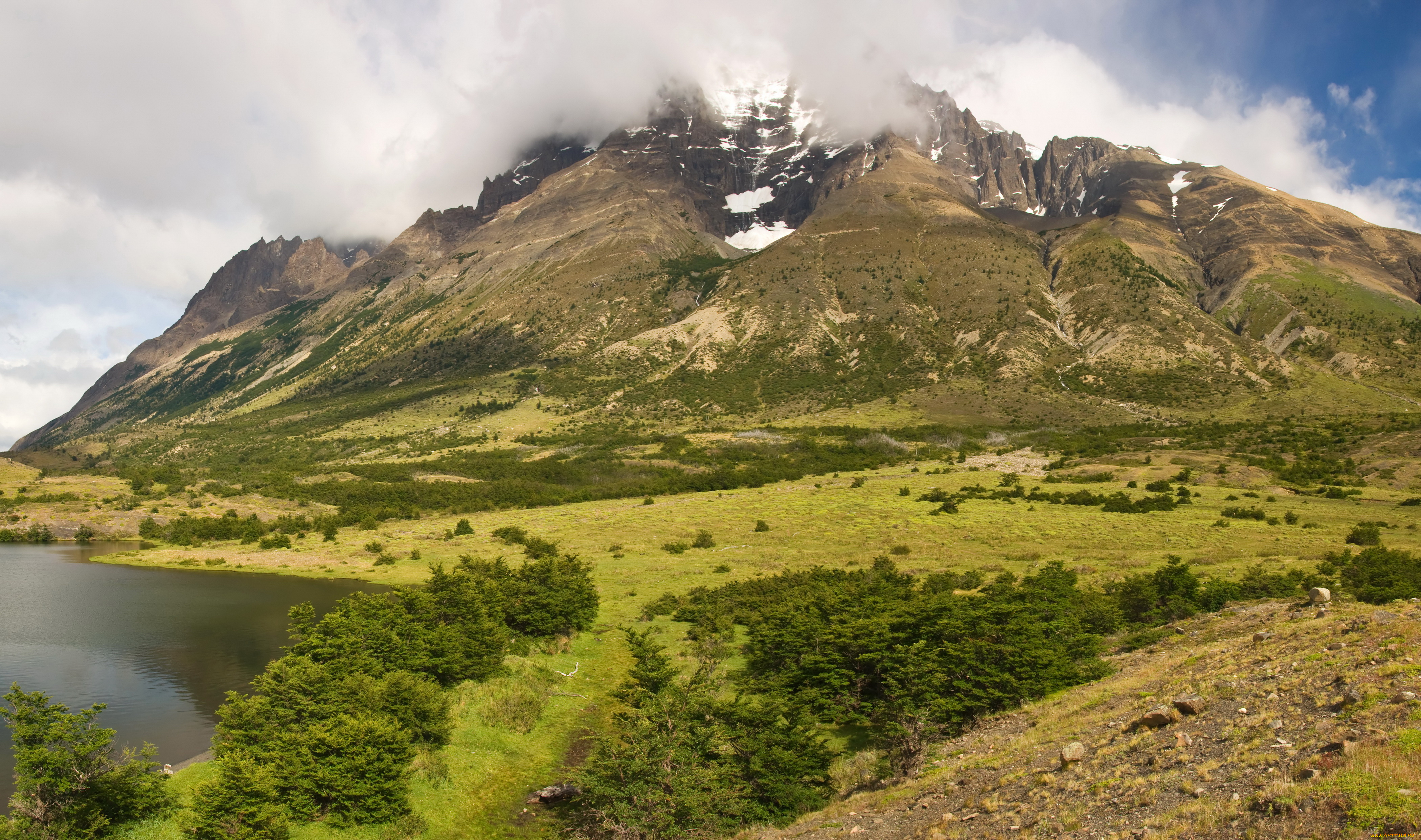 torres, del, paine, national, park, chile, природа, горы, деревья, дымка, лес, озеро