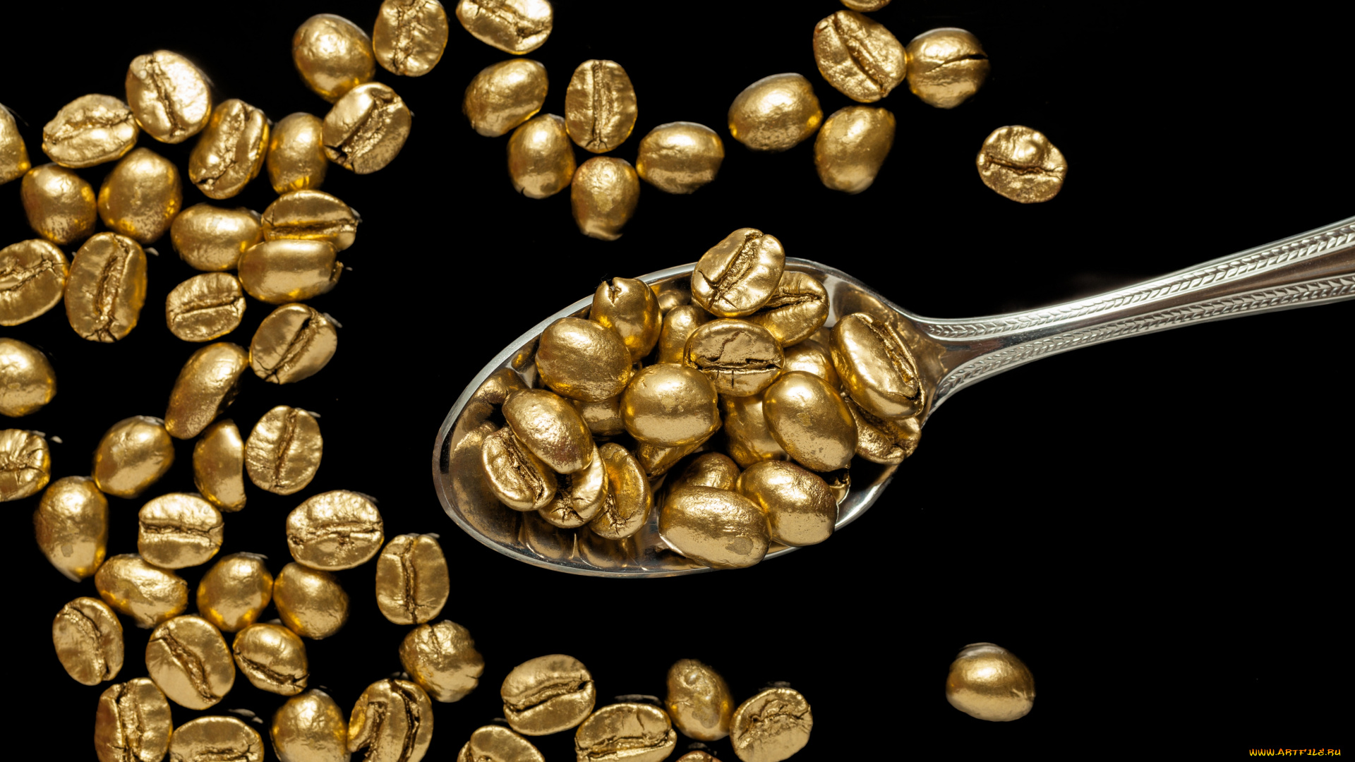 еда, кофе, , кофейные, зёрна, ложка, золото