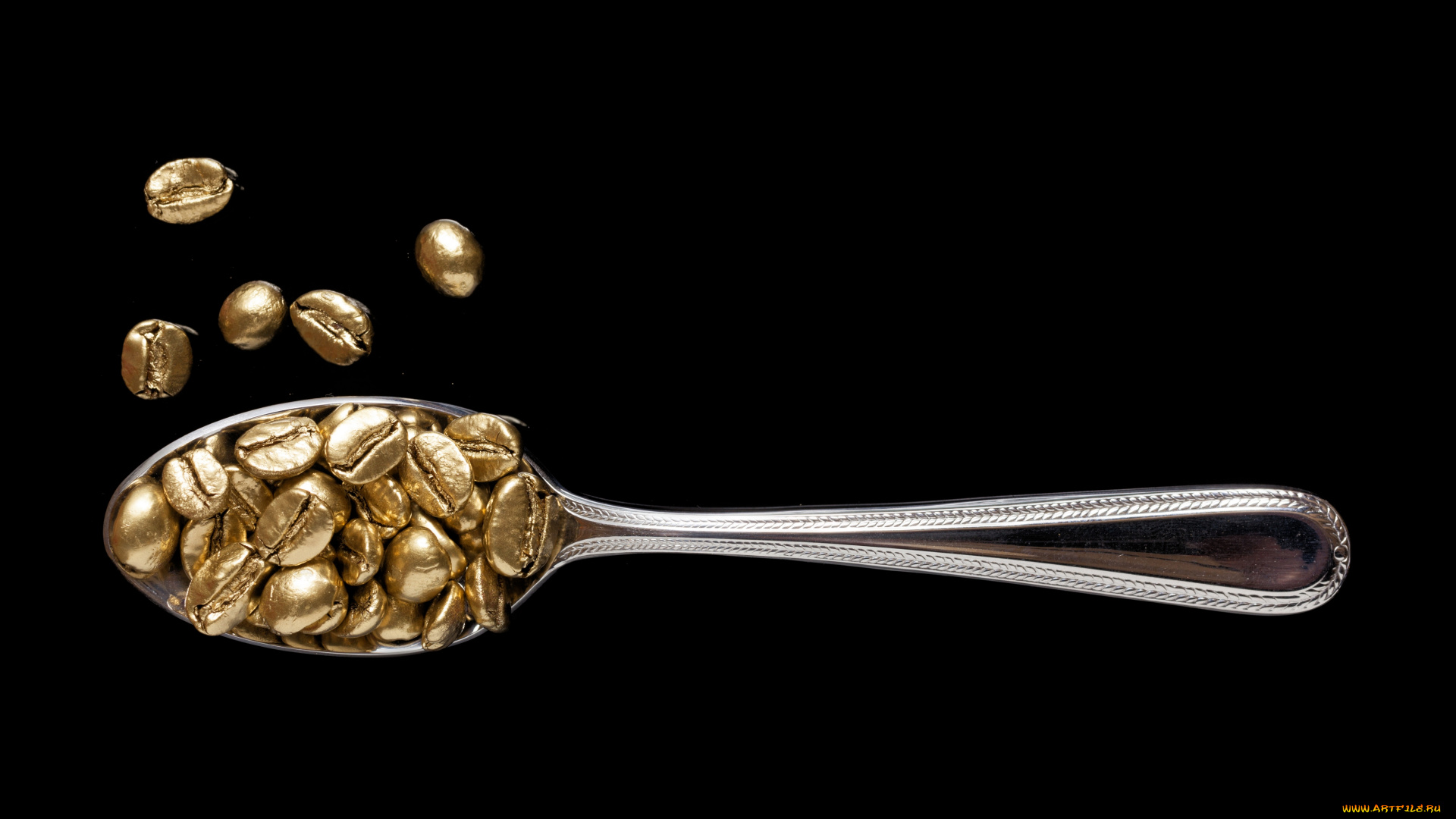 еда, кофе, , кофейные, зёрна, золото, ложка