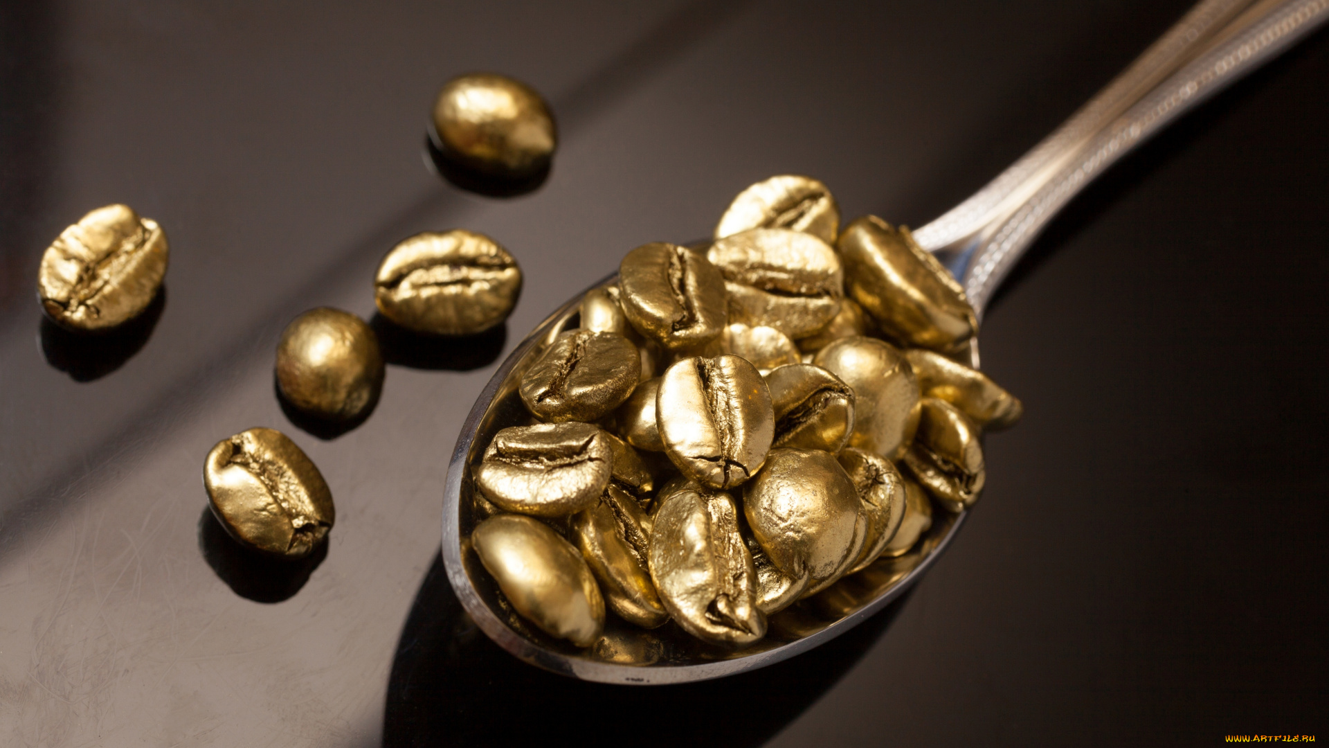 еда, кофе, , кофейные, зёрна, золото, ложка