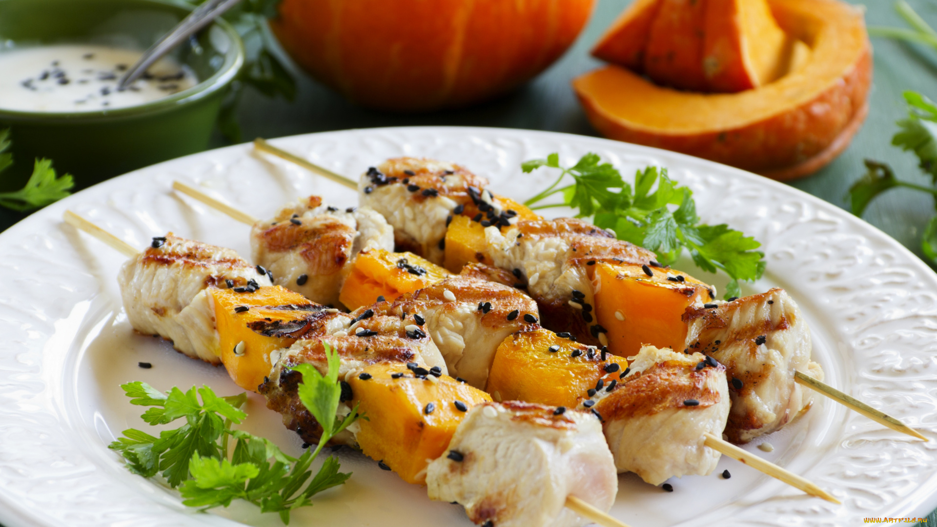 еда, шашлык, , барбекю, кусочки, мясо, зелень, жареное