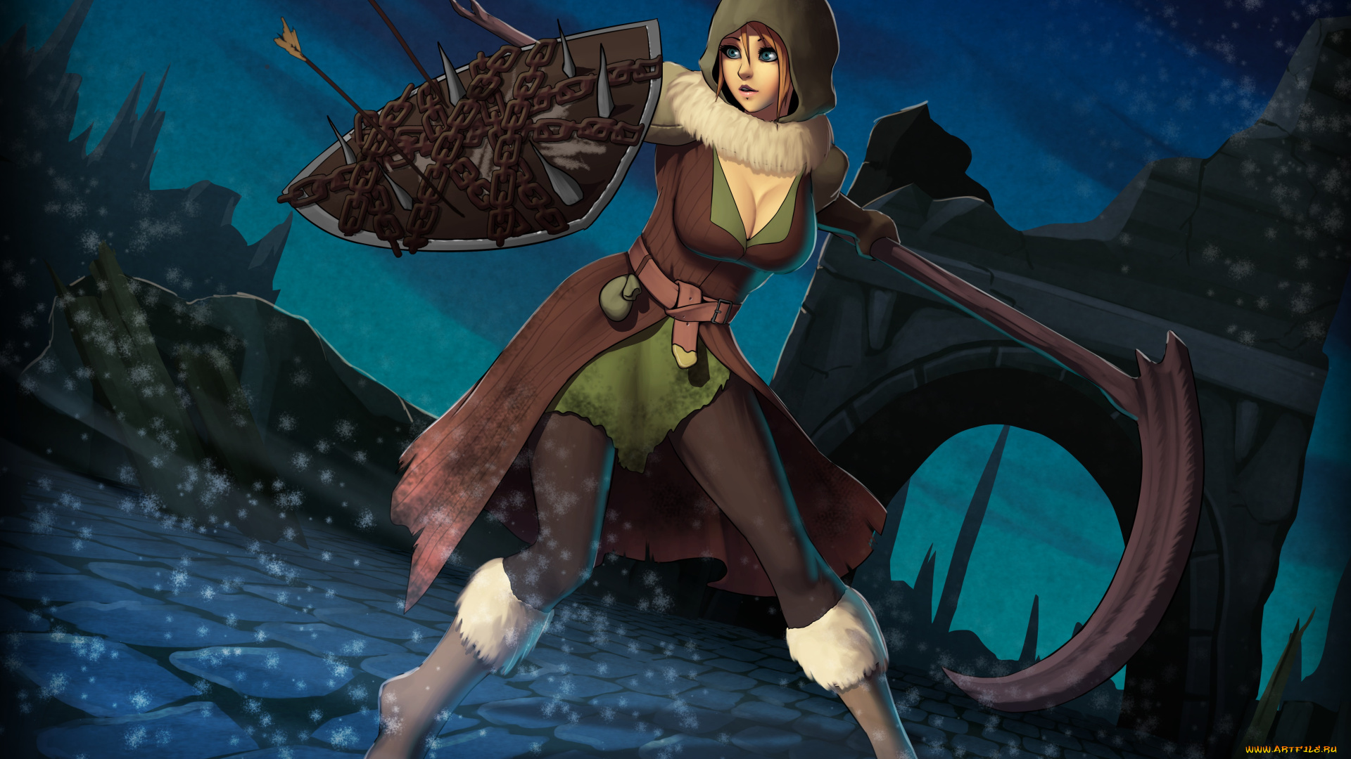 фэнтези, девушки, взгляд, девушка, щит, оружие, фон