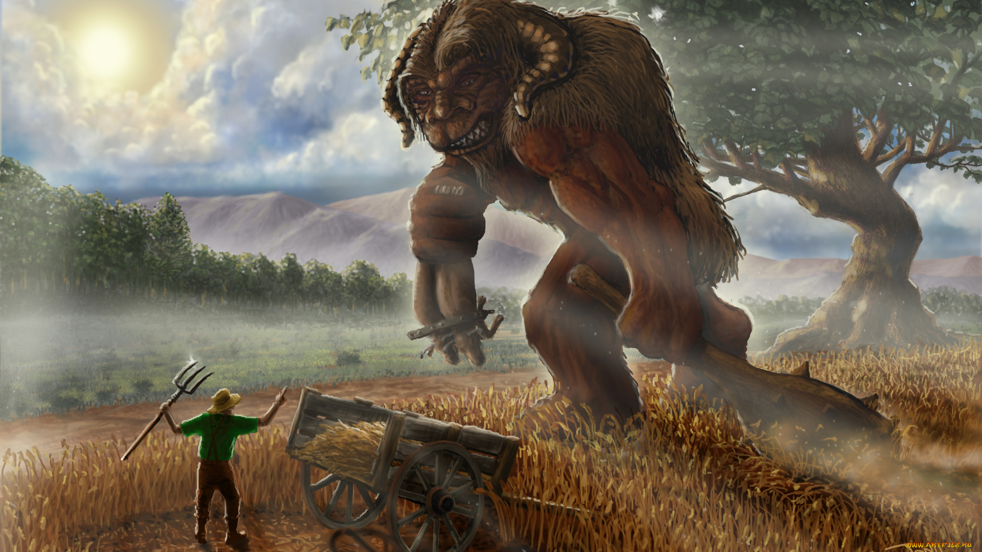 фэнтези, существа, поле, повозка, крестьянин, монстр, огр, гигант