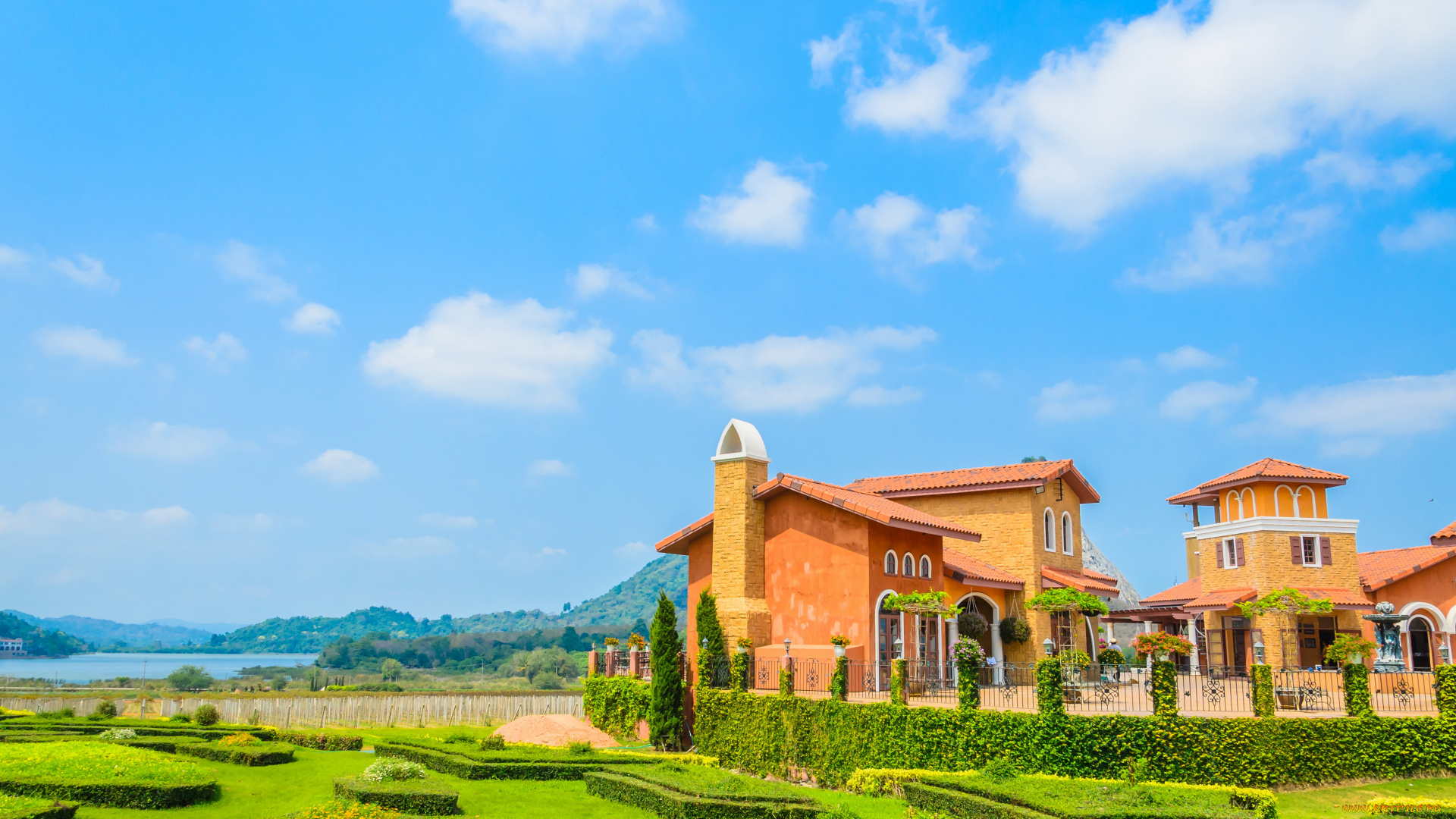 города, -, здания, , дома, газон, ландшафт, кусты, дом, осбняк